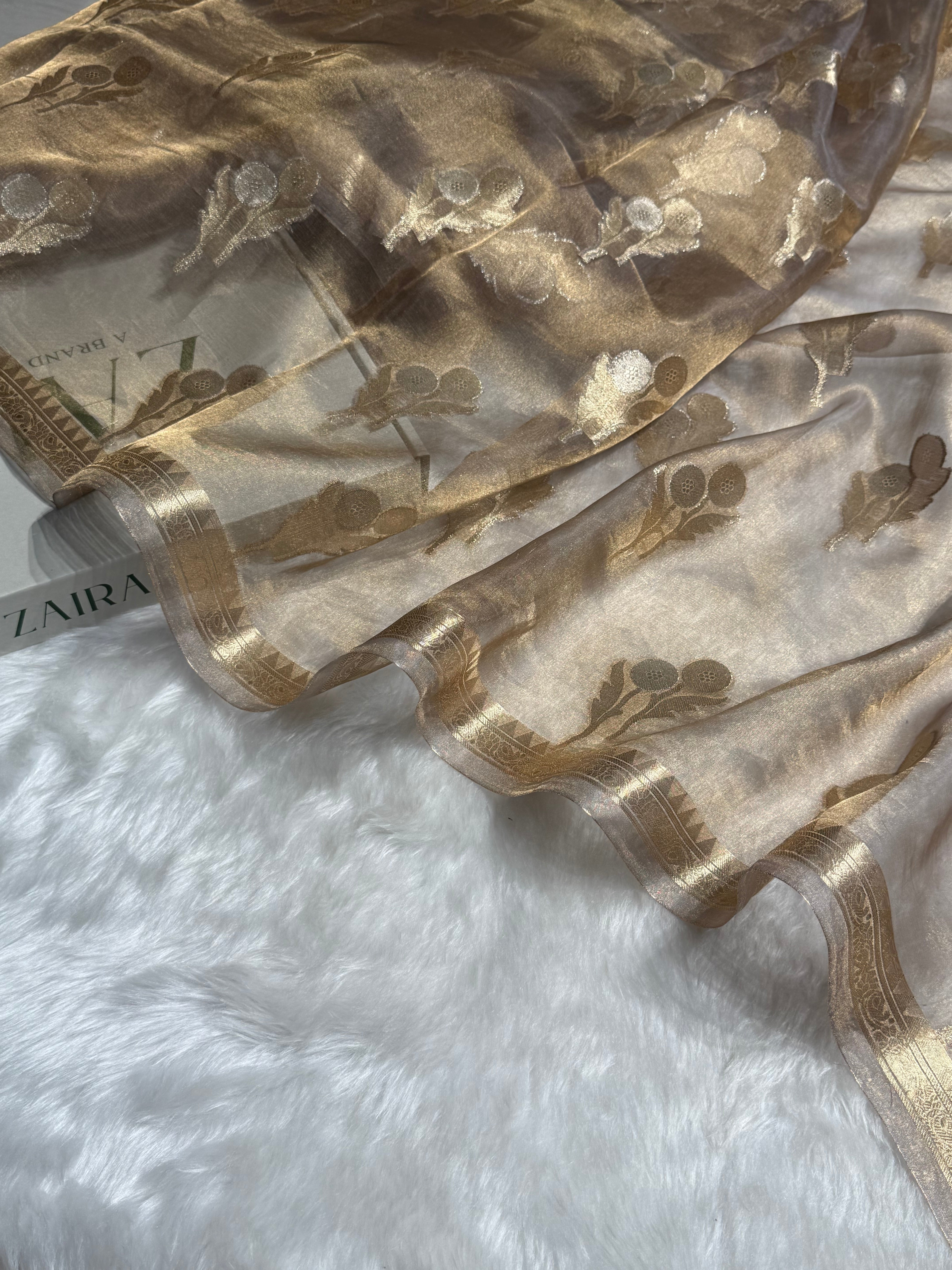 Tussar Gray floral Shades Pure Tissue Silk Saree with Brocade Blouse PT-22