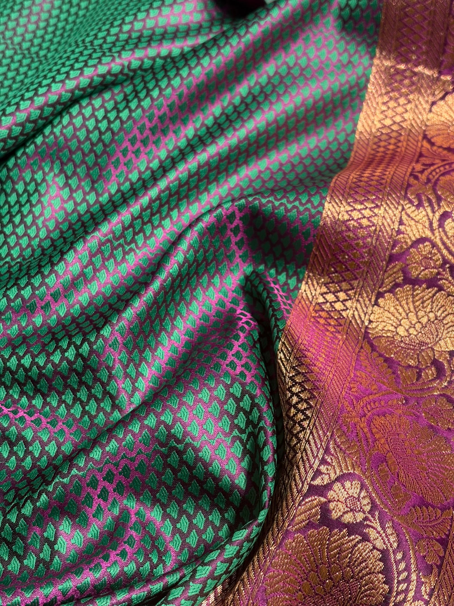 Purple With Green Tanchoi Satin Katan Silk Saree SKTM-05