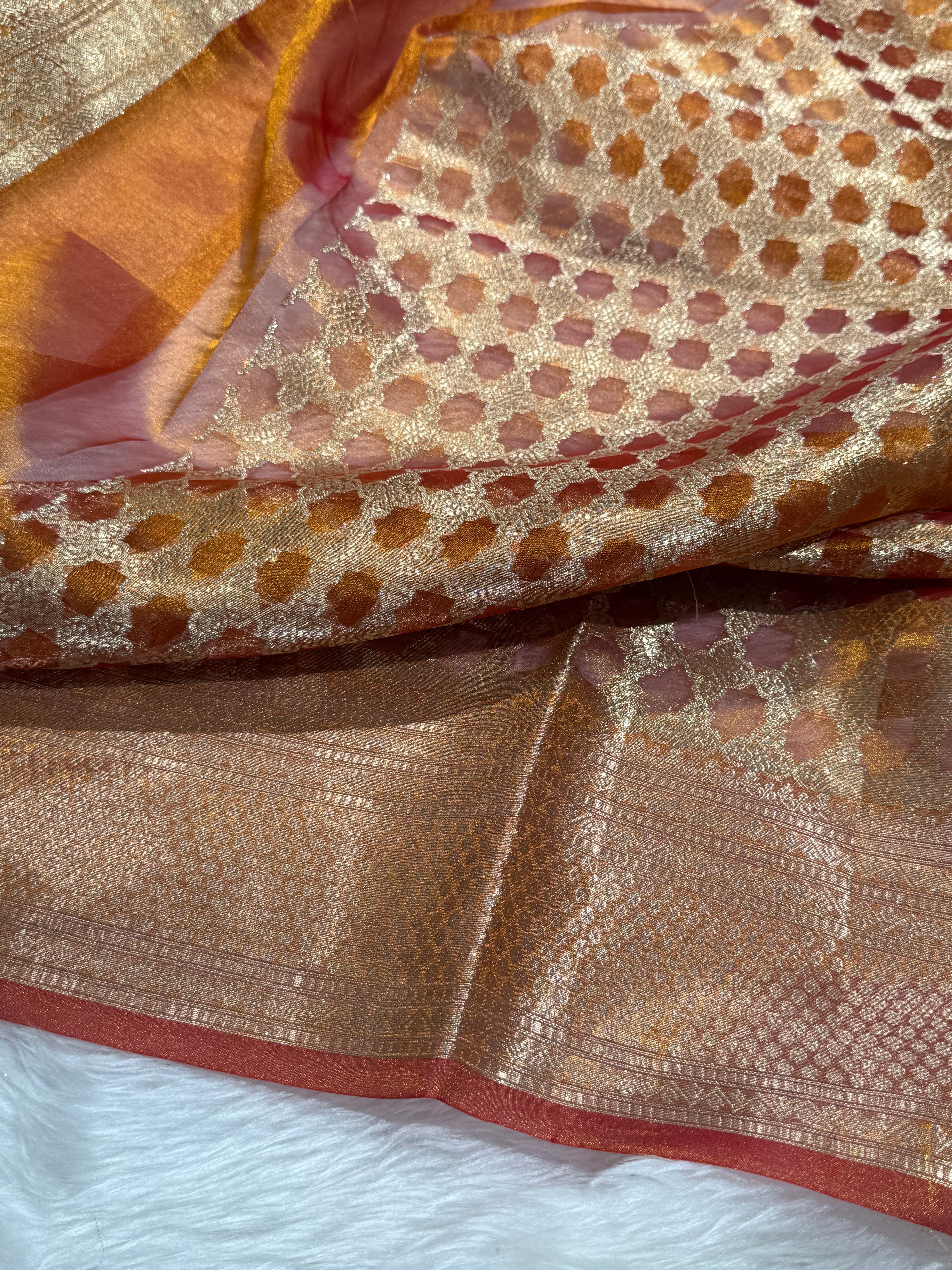 Orange Shades Pure Tissue Silk Saree with Brocade Blouse PT-16