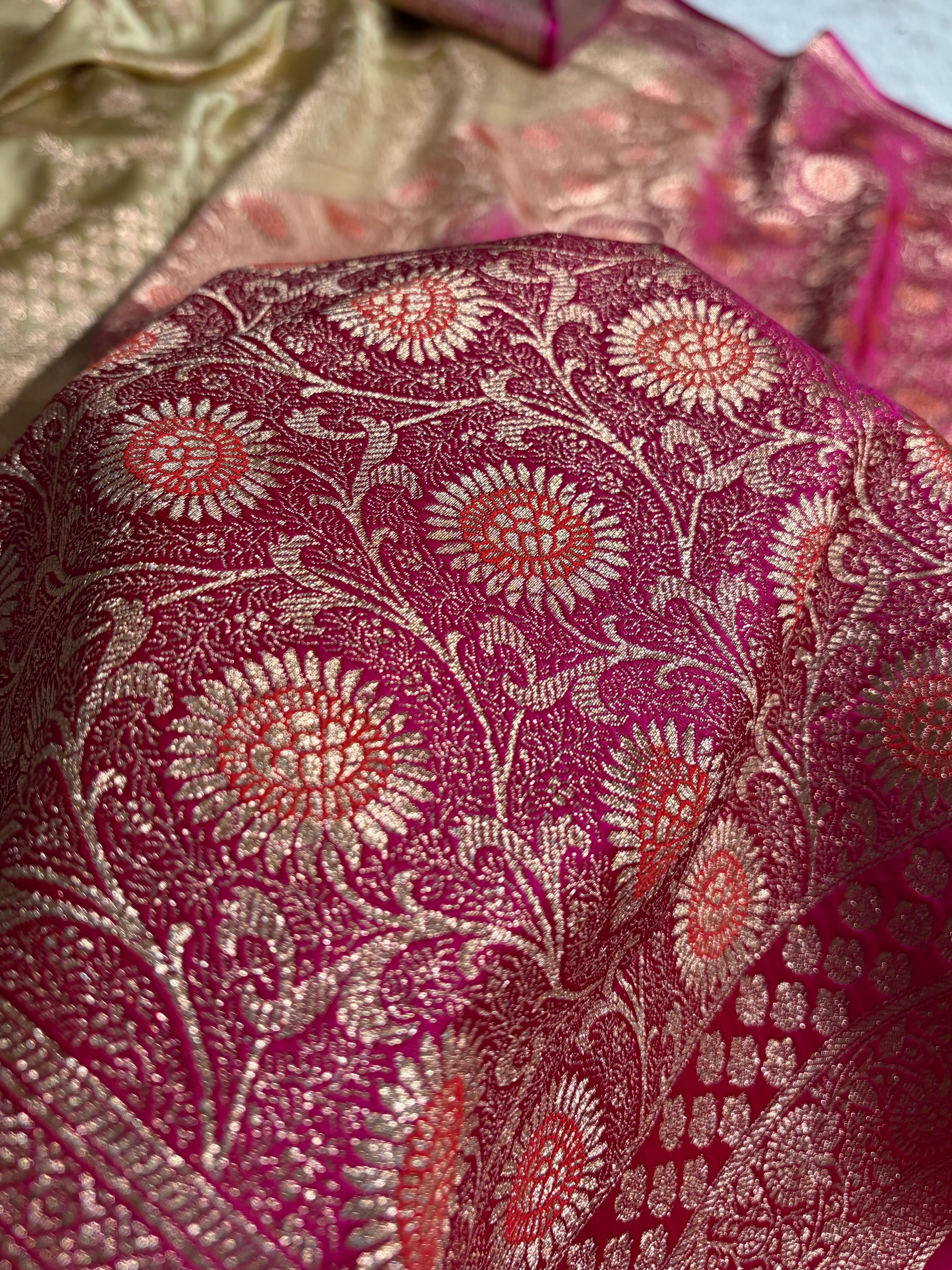 Banarasi Satin Katan Saree in Contrast Tusser With Rani Shades SK132