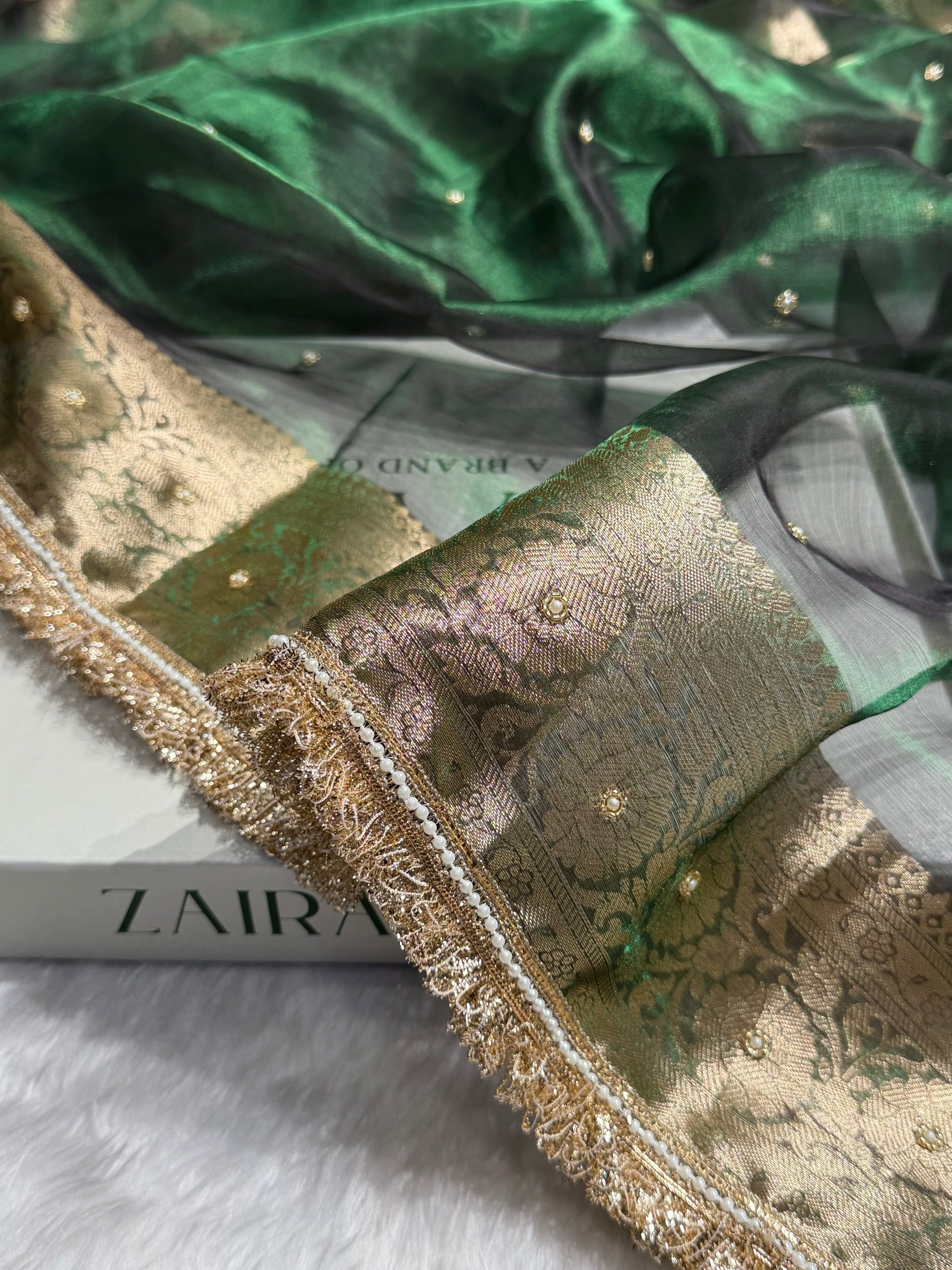 Bottle Green Shade Pure Tissue Silk Saree with Gota Patti PTGP-17