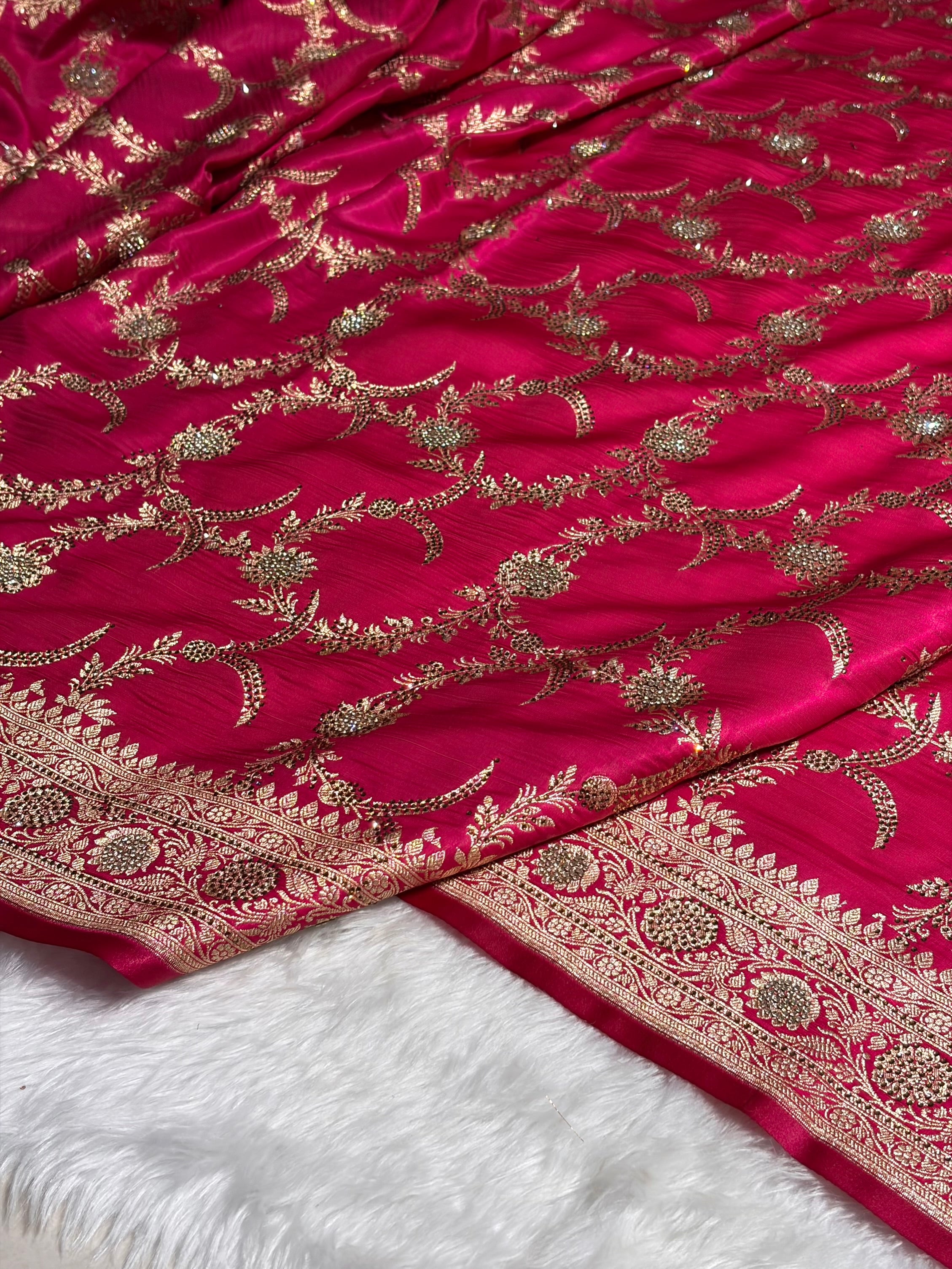 Rani Shades Swarovski Work Jaal Pattern Satin Silk Saree SS18