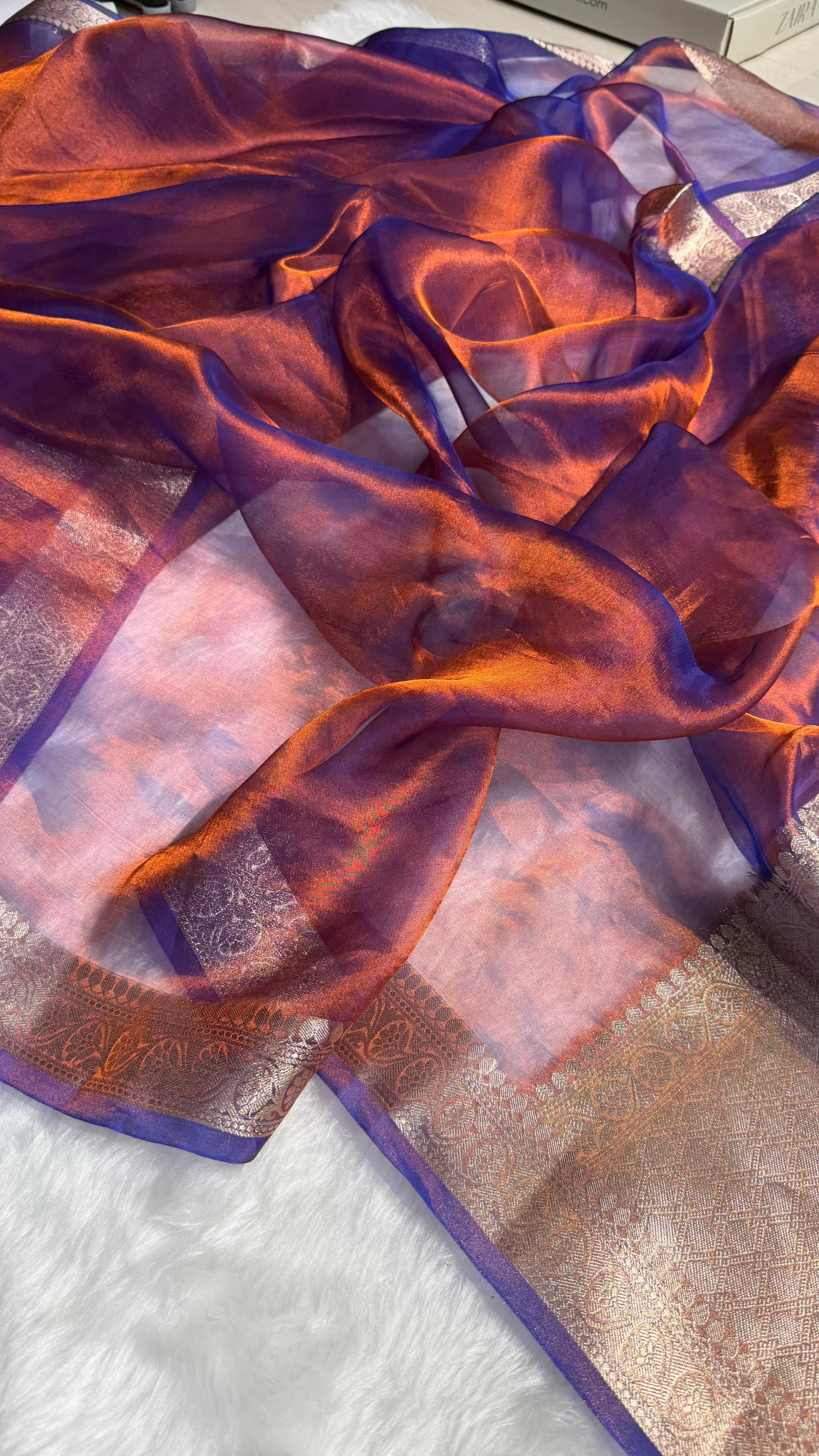 Rustic Royal Blue Shades Pure Tissue Silk Saree with Brocade Blouse PT-09