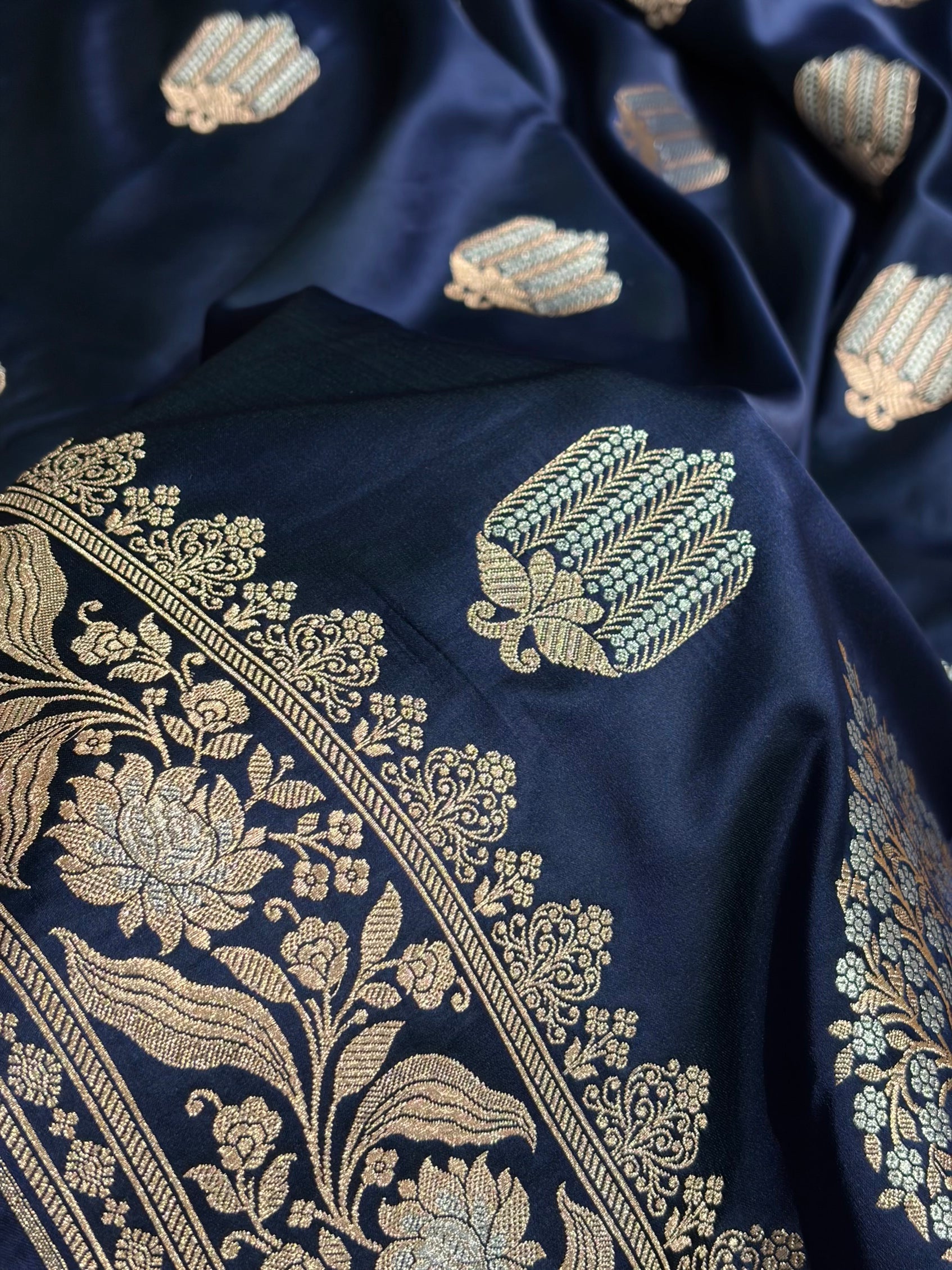 German Blue Shades Banarasi Boota Pattern Minakari Floral Mashru Silk Saree MSM-122