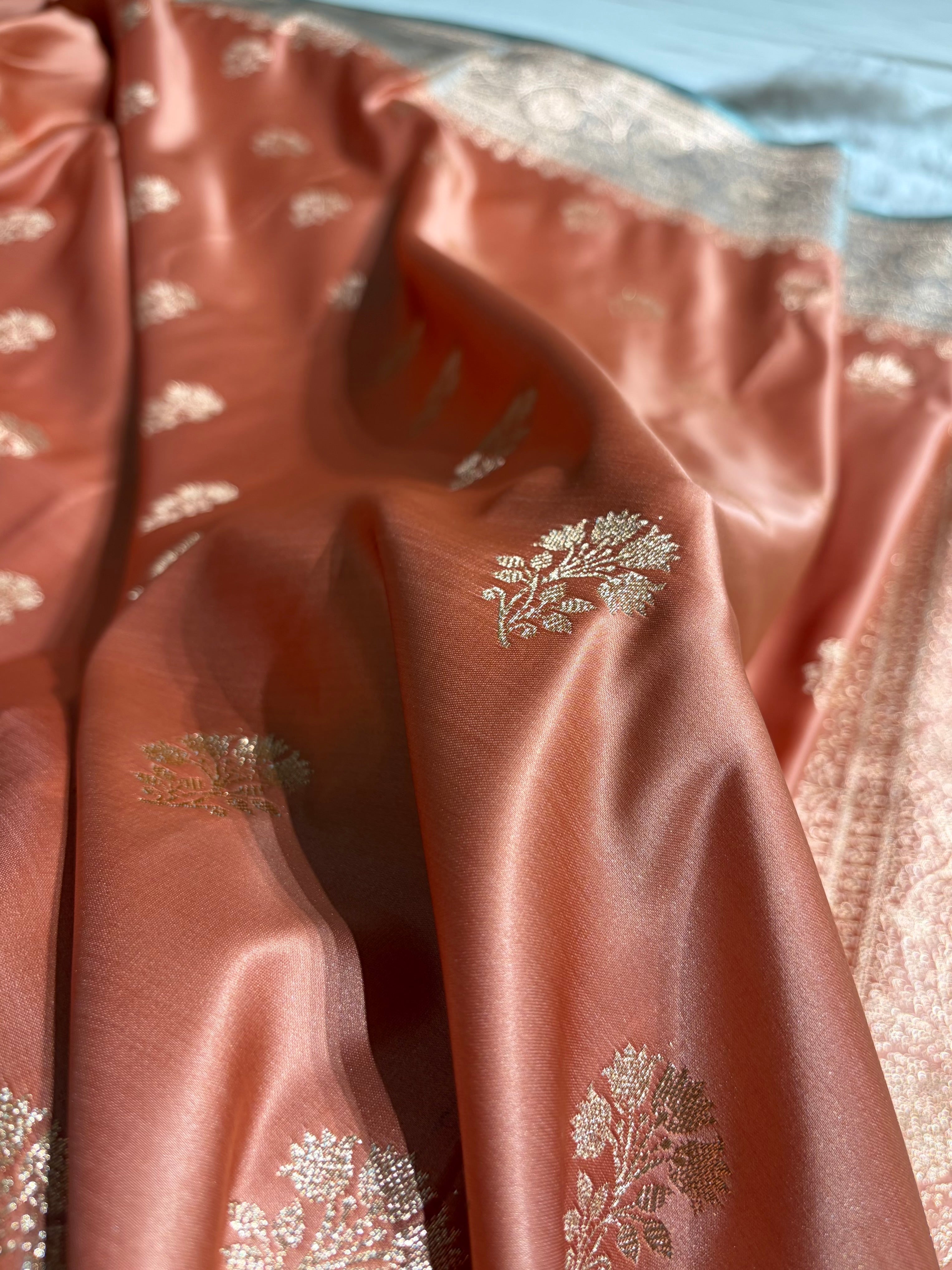 Rose Peach - Turquoise Banarasi Boota Katan Silk Saree SKM29