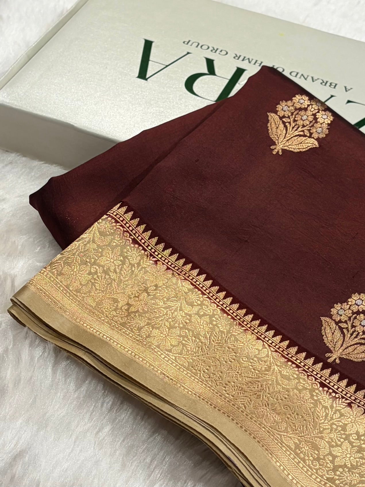 Banarasi Chocolate With Tusser Contrast Shades Meenakari Boots Handwoven Pure Paper Silk Saree RM-90