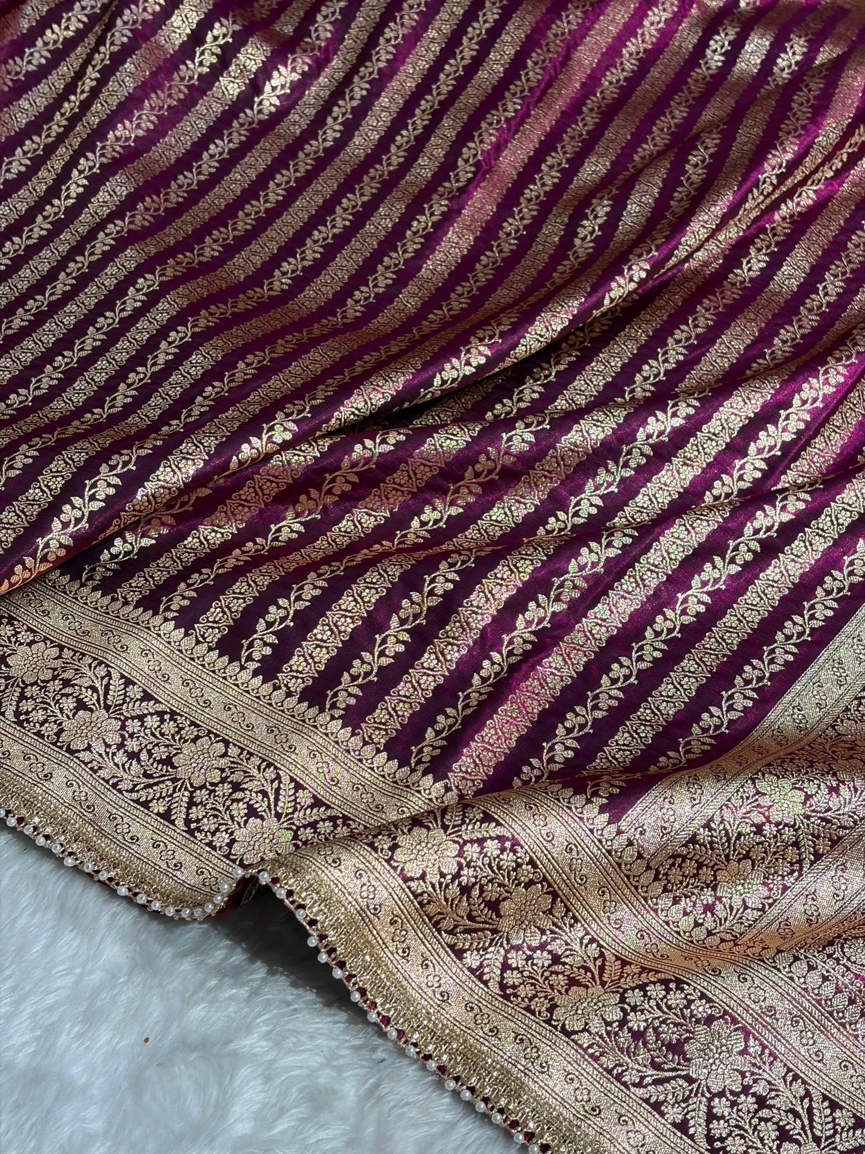 Satin Silk Strip pattern in Wine Shades With Gota Patti SSGP46