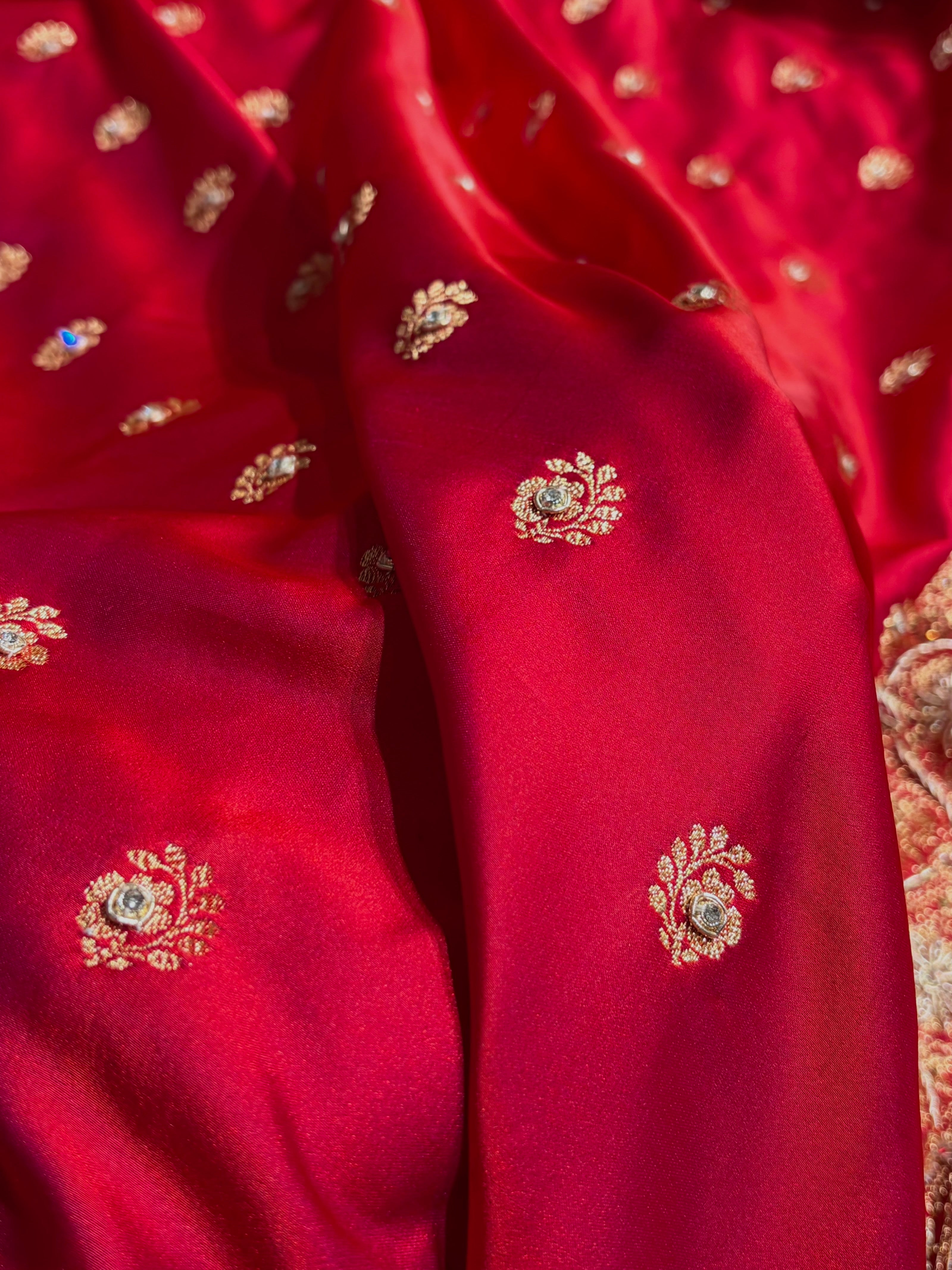 Banarasi Cross Red Work Pattern Satin Katan Silk Saree BSK72