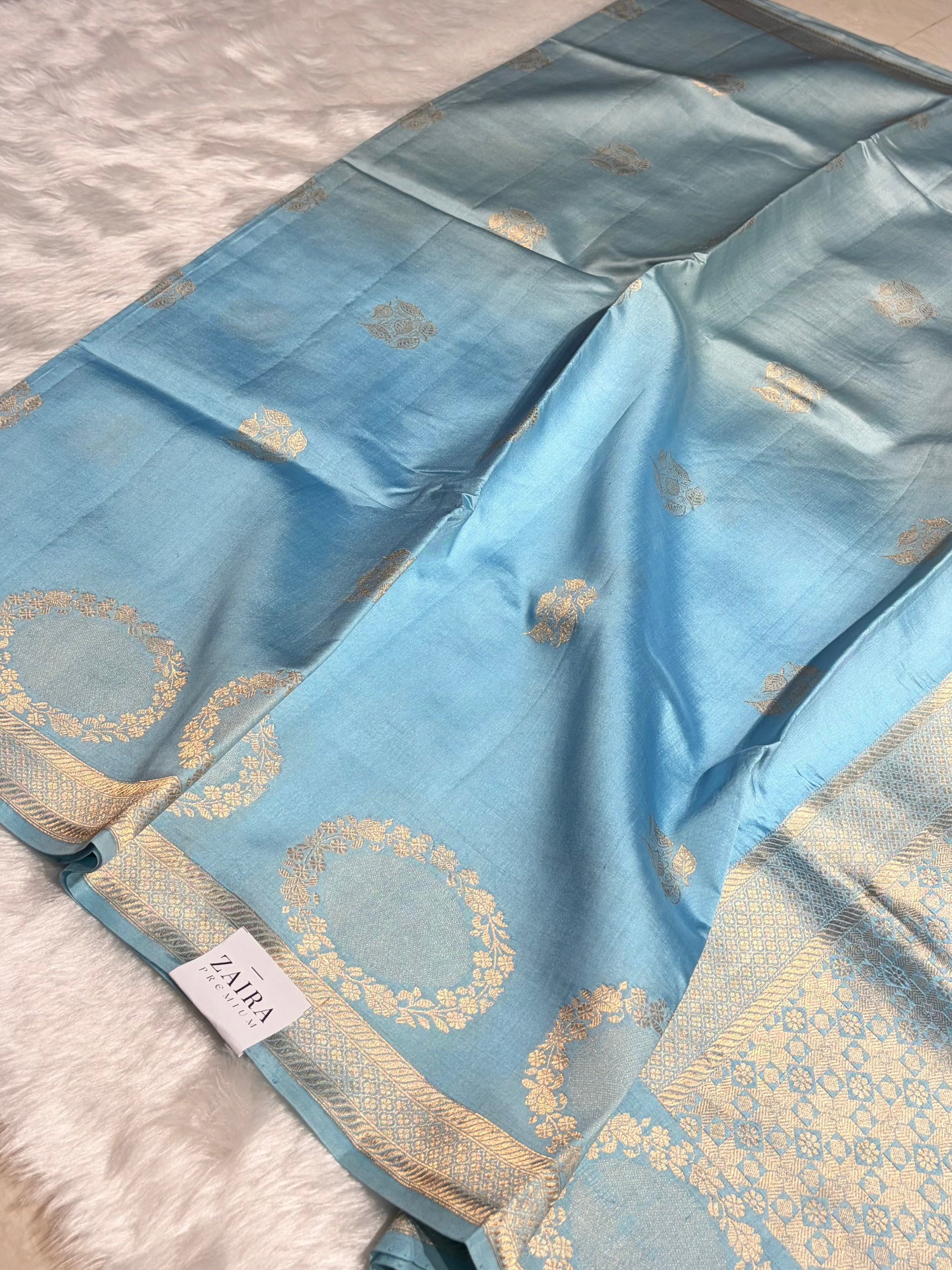 Ombré Powder Blue With Turquoise Shades Meena Boota Handwoven Raw Mango Silk RM-34