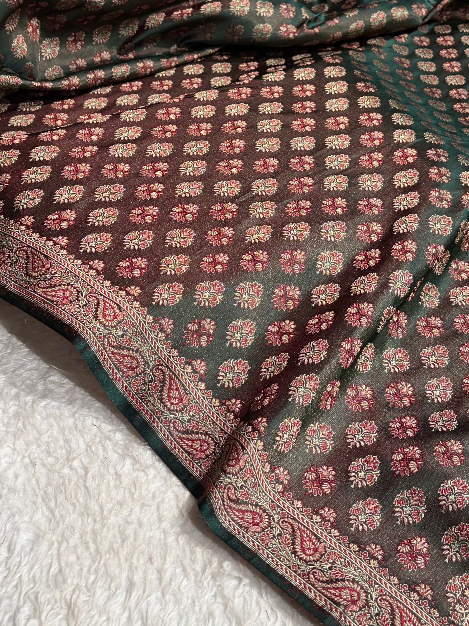 Dark Bottle Green Jamawar Tanchoi Jaal Katan Silk Saree SKTM-21