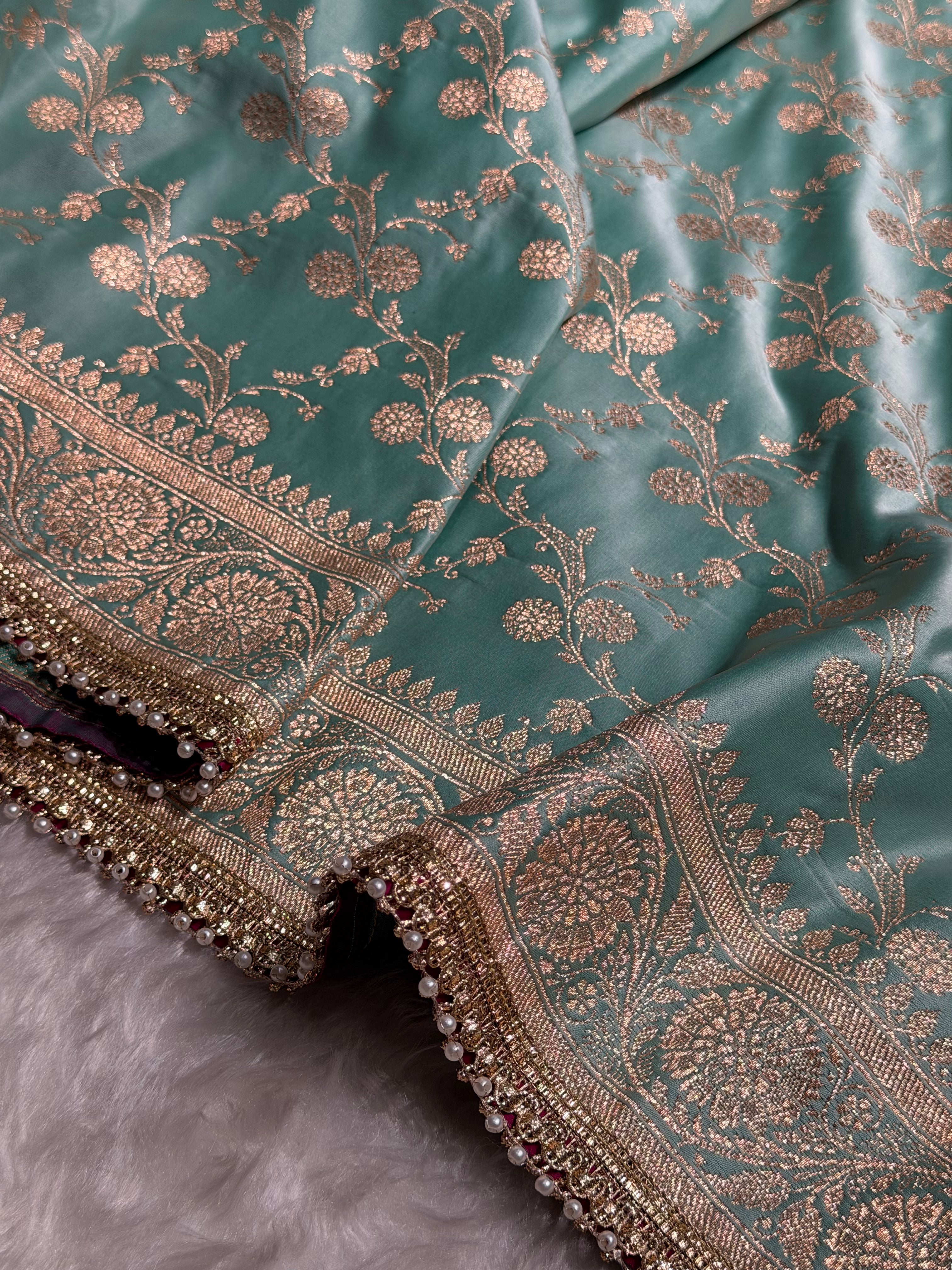 Sea Green Cross With Gotta Patti Satin Katan Silk Saree SKGP17