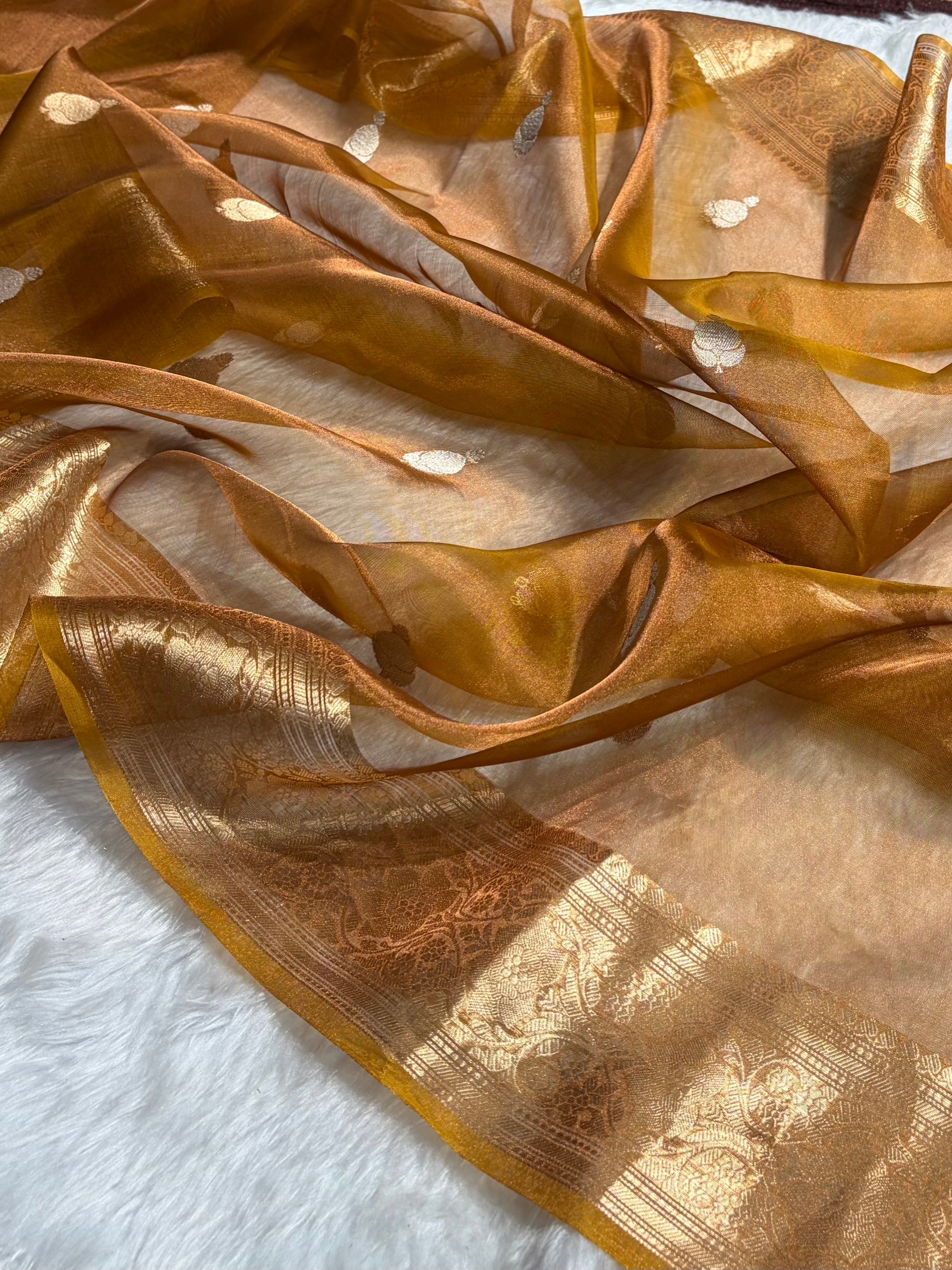 Mustard Bananasi Floral Shades Pure Tissue Silk Saree PT-38