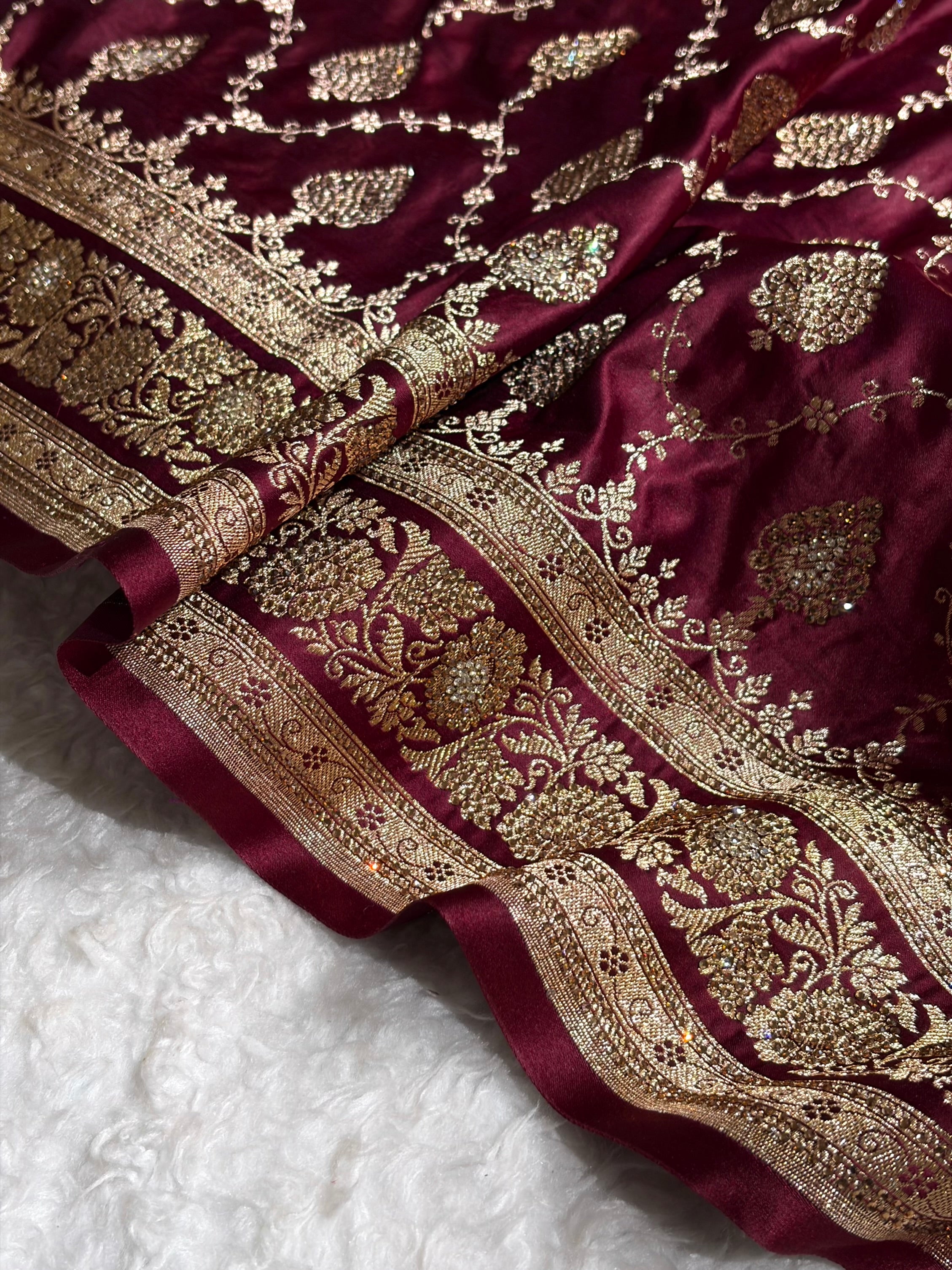 Garnet Floral Jaal Pattern with Sewarovsi Work Satin Katan Silk saree BSK42