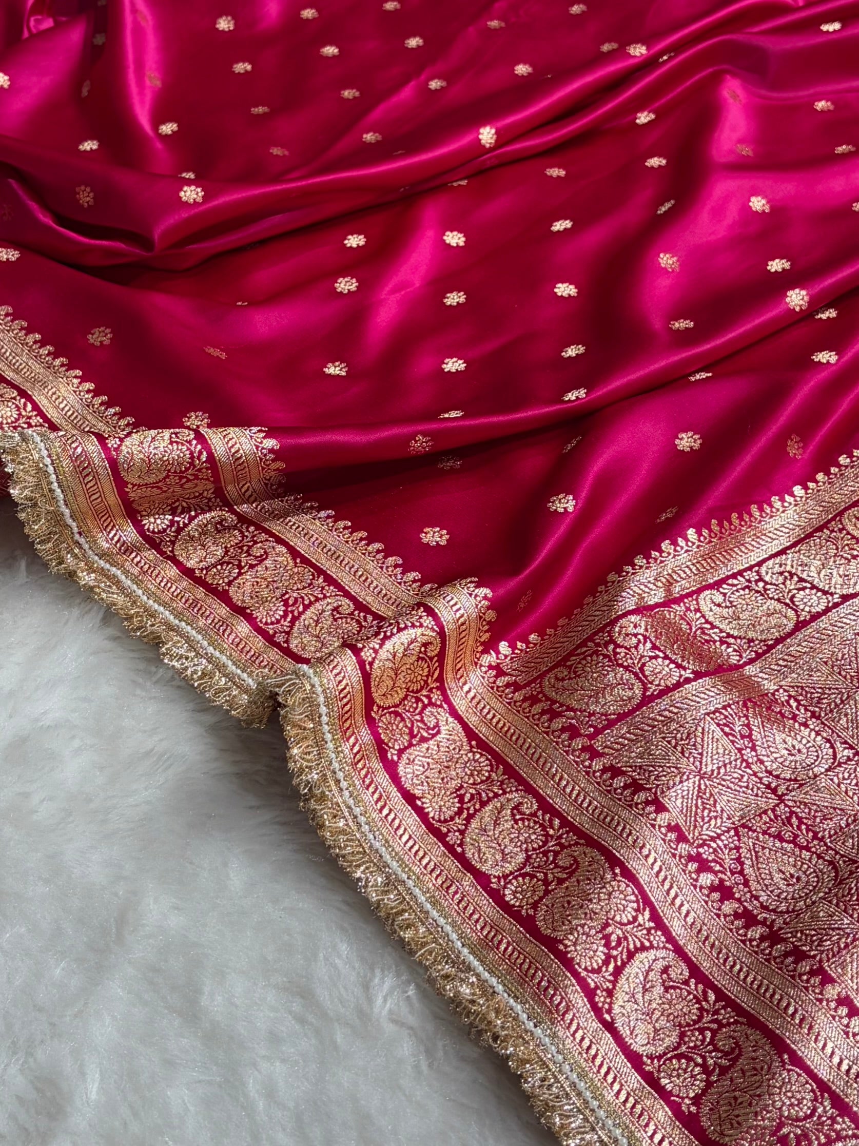 Banarasi Satin Katan Saree With Gotta Patti Boota Pattern in Cross Rani Shades SKGP127