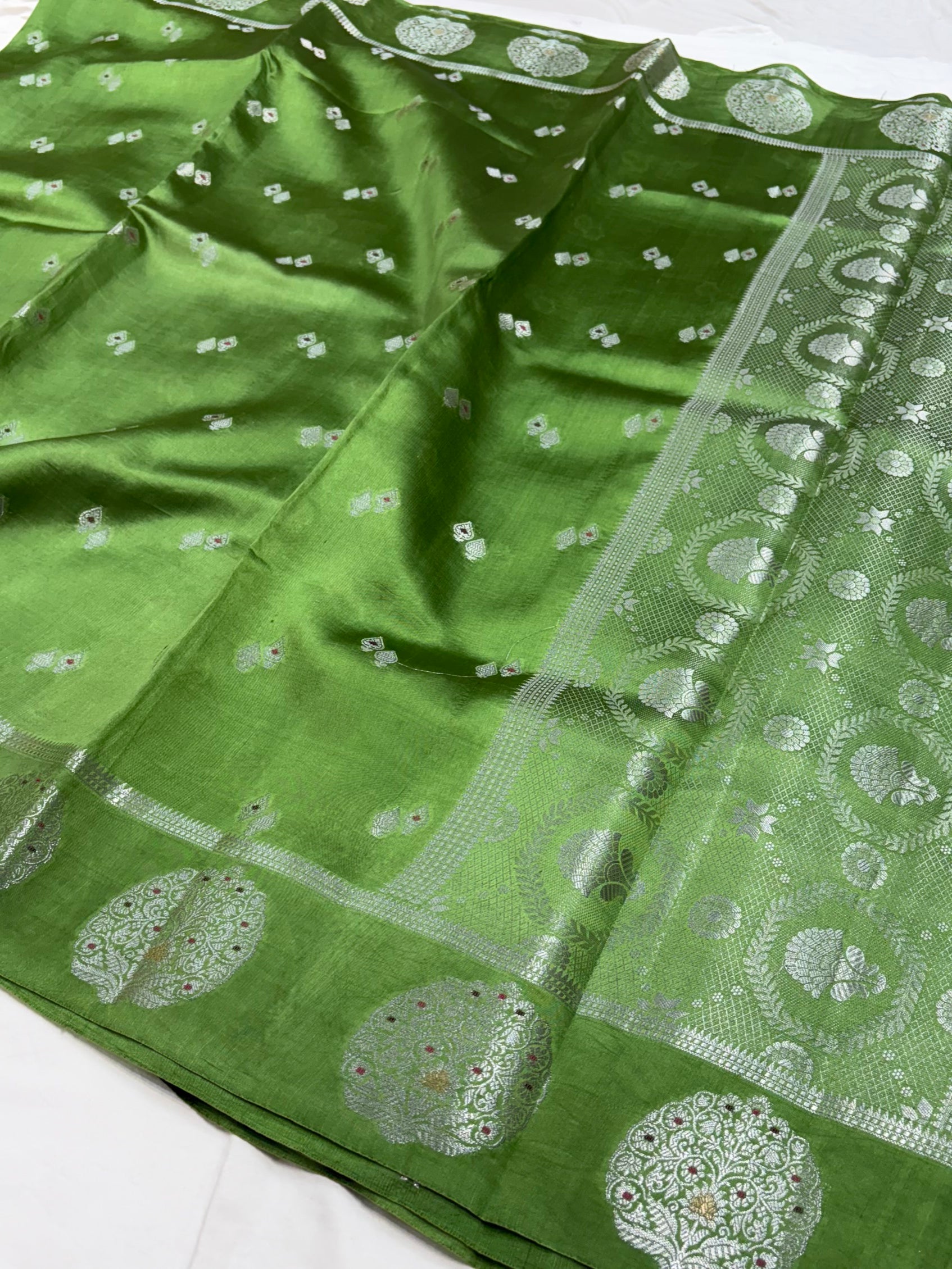 Green Flower Booti Pure Caramel Silk Saree