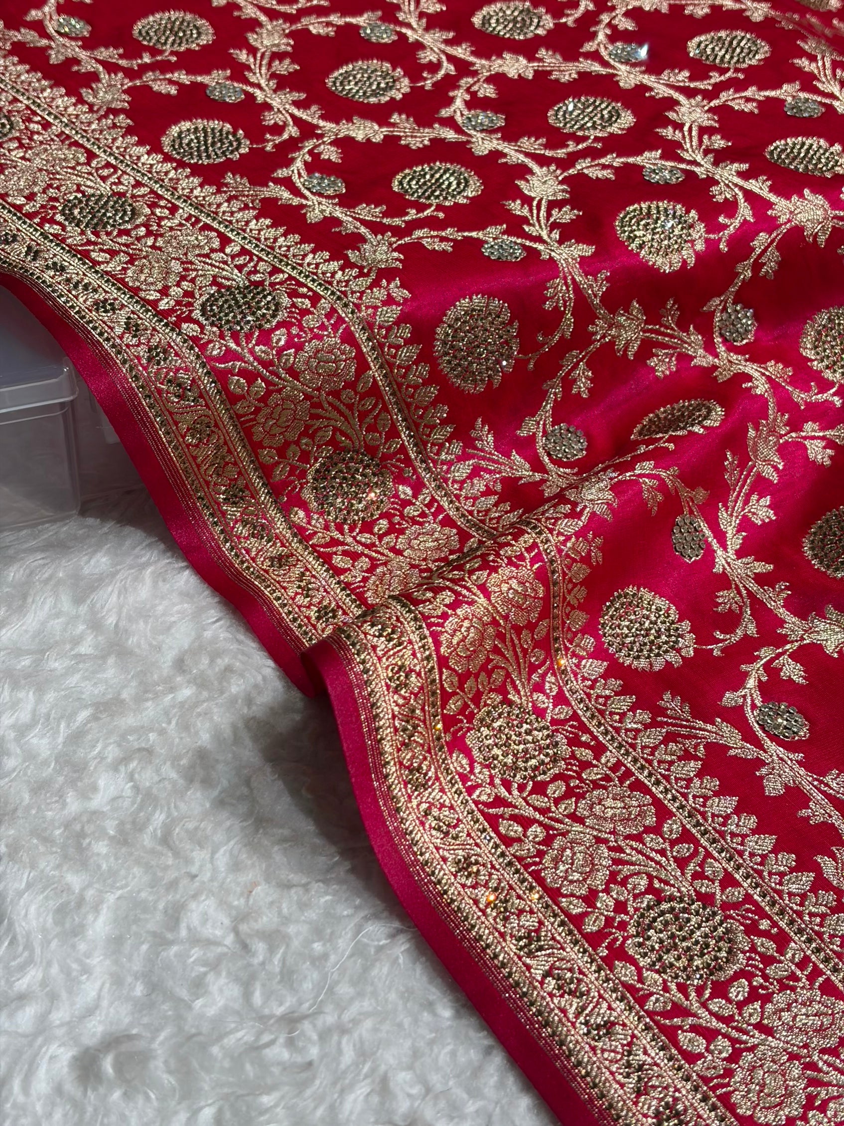 Cross Rani With Swarovski Work Jaal Pattern Satin Silk Saree BSS15