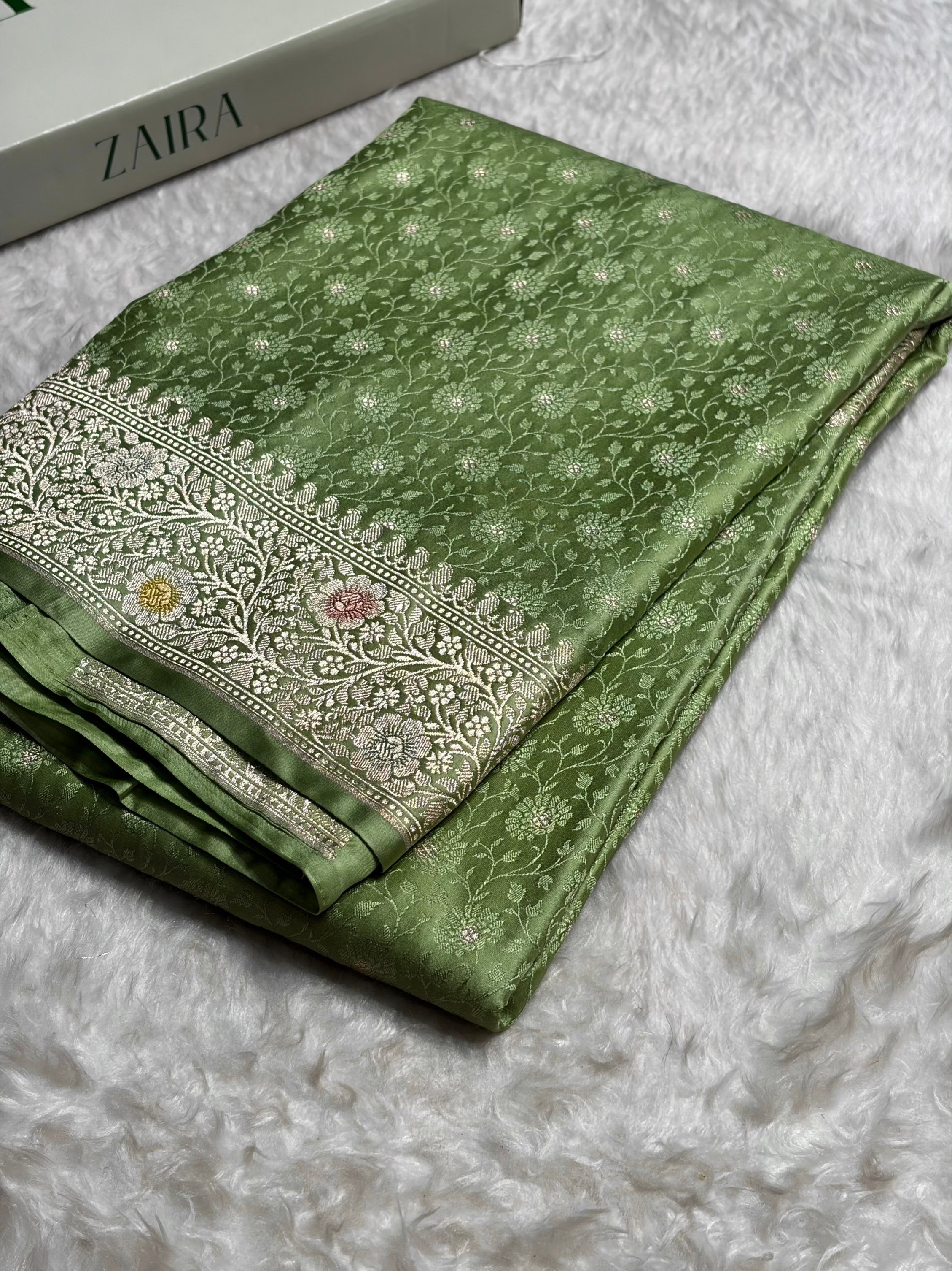 Light Green Shades Booti Minakari Tanchoi Mashru Silk Saree MS49