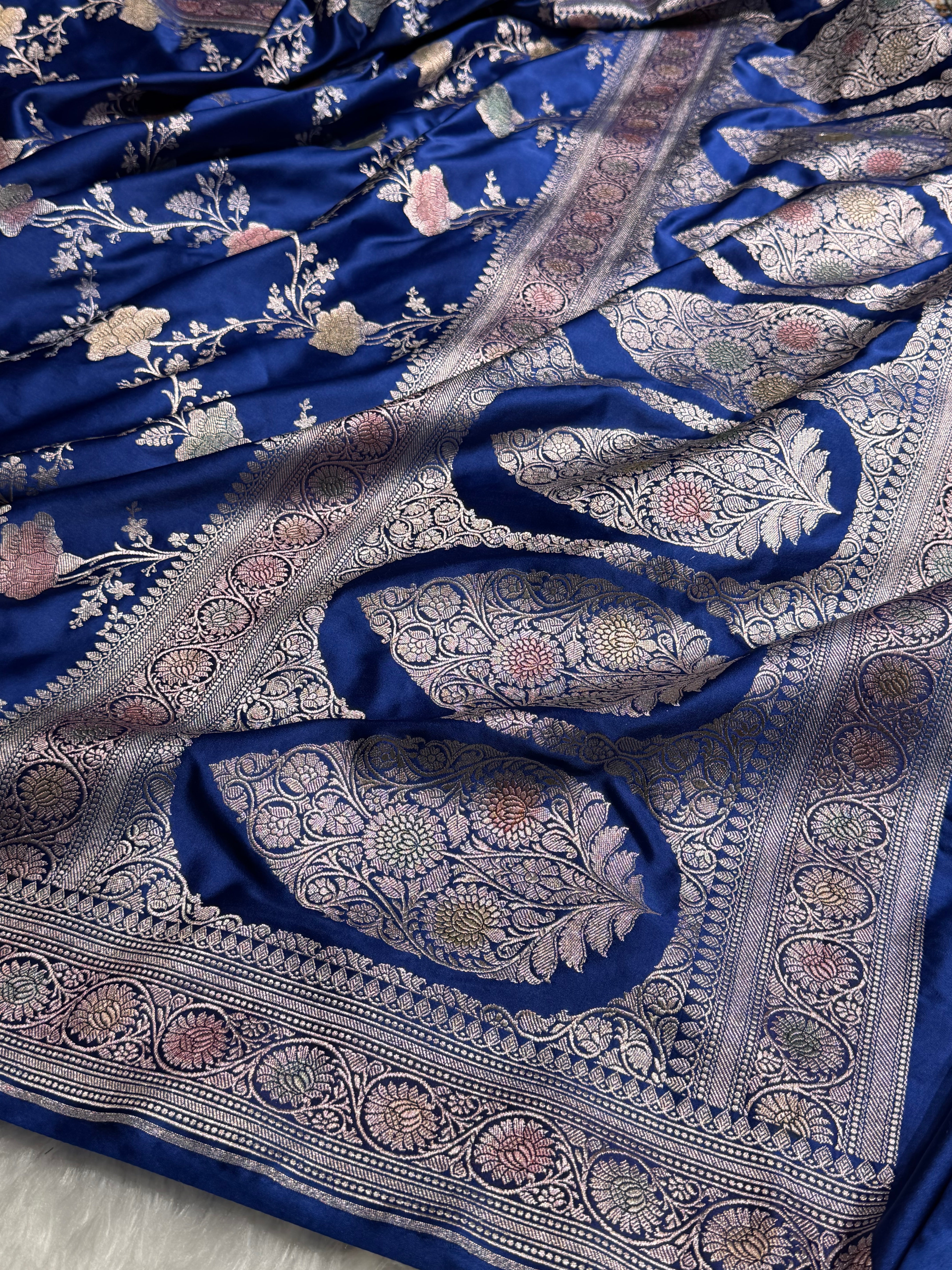 Banarasi Royal Blue Shades Jaal With Minakari Mashru Silk Saree