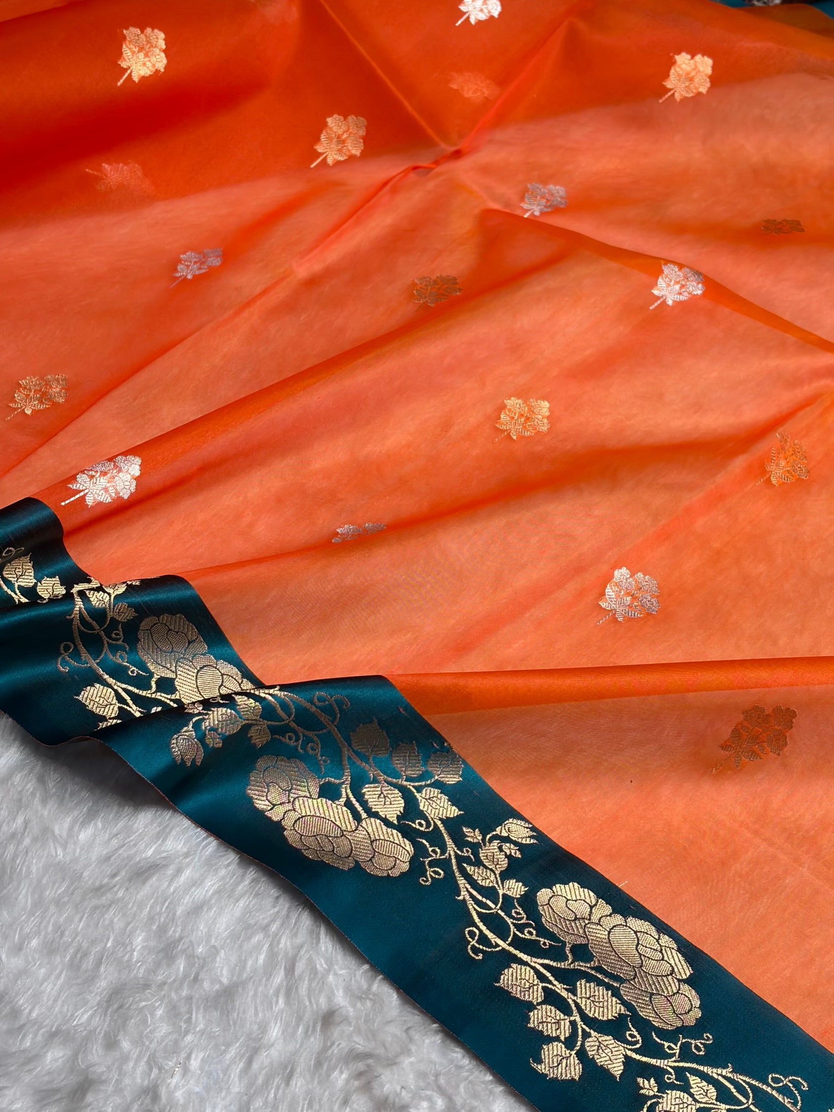 Contrast Pure Banarasi Organza Orange With Rama Floral Banarasi Silk Saree PO-13