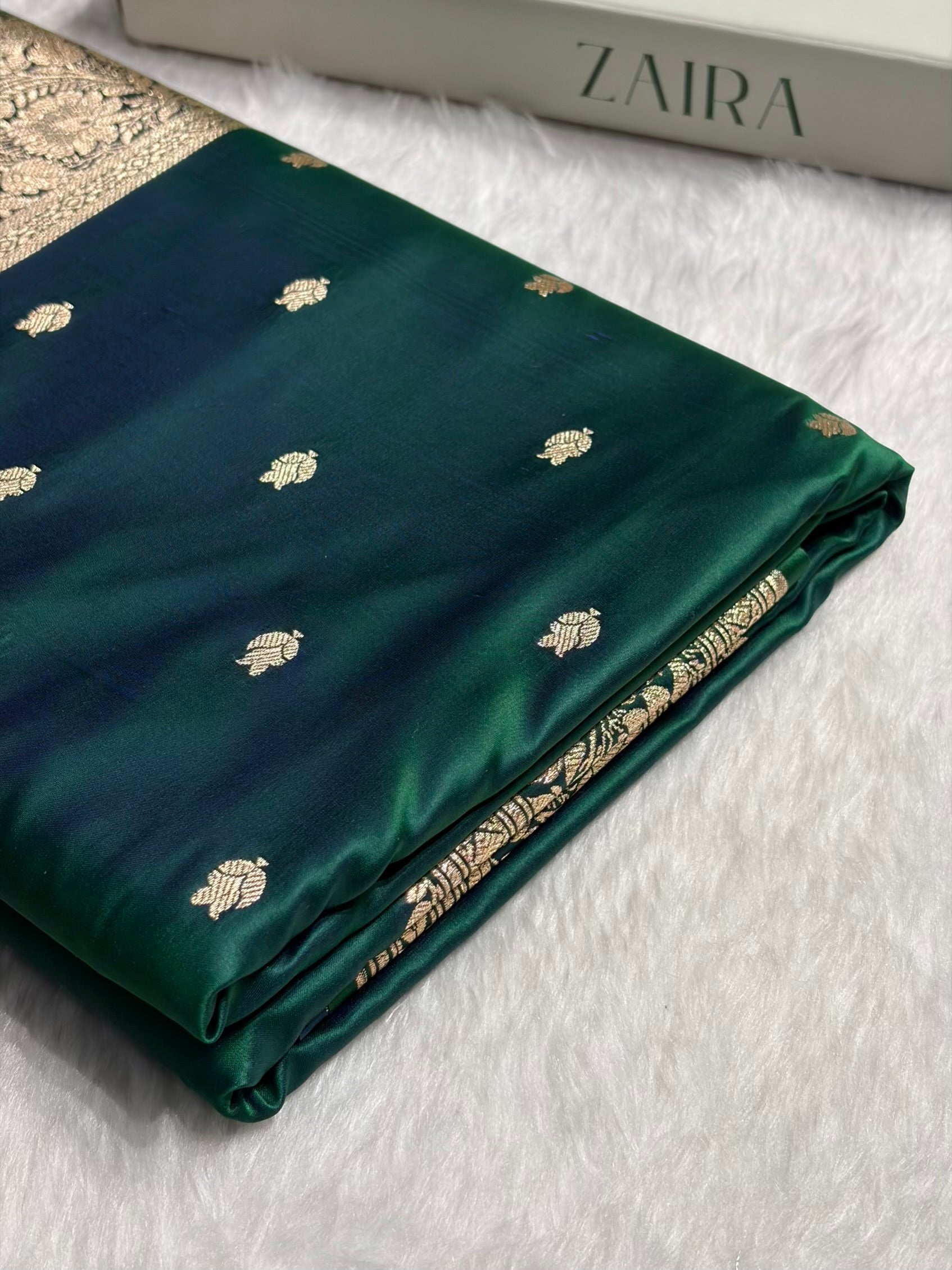 Cross Green Floral Cross Pattern Satin Katan Silk Saree SK75