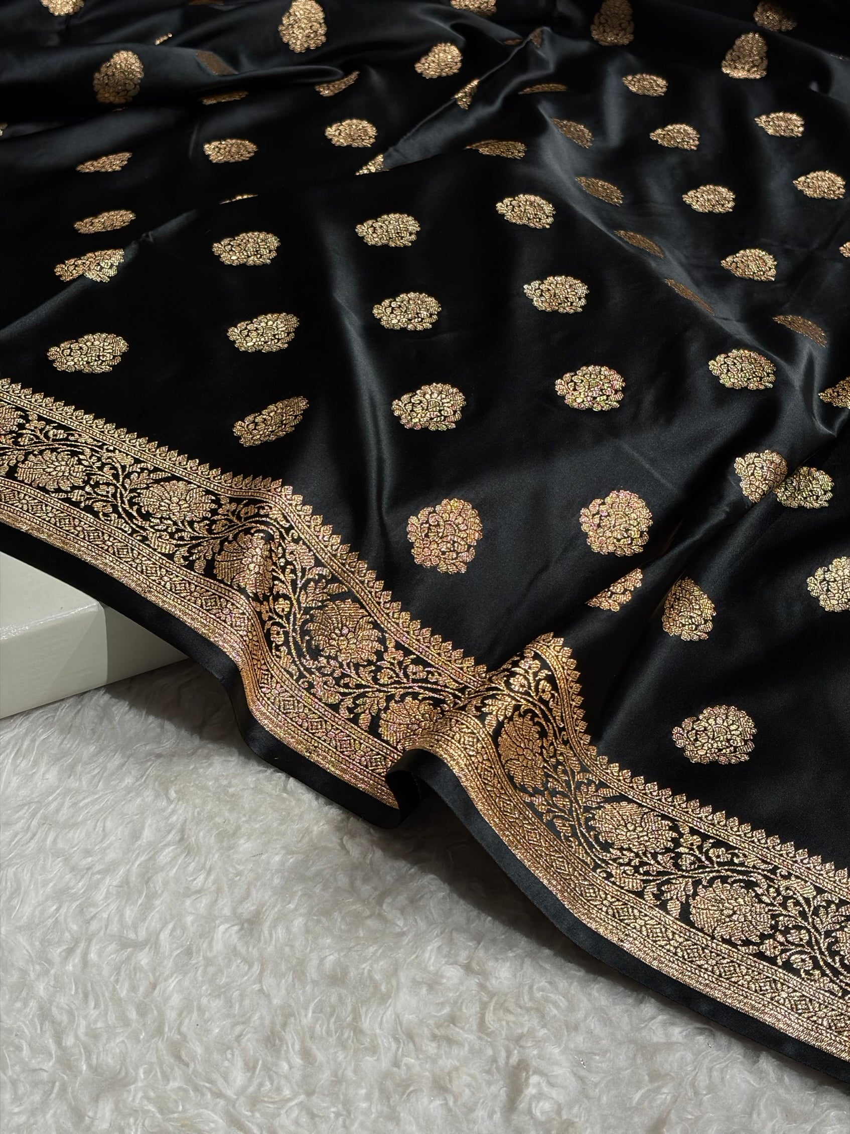 Banarasi Satin Katan Saree With Boota in Black Shades SK109