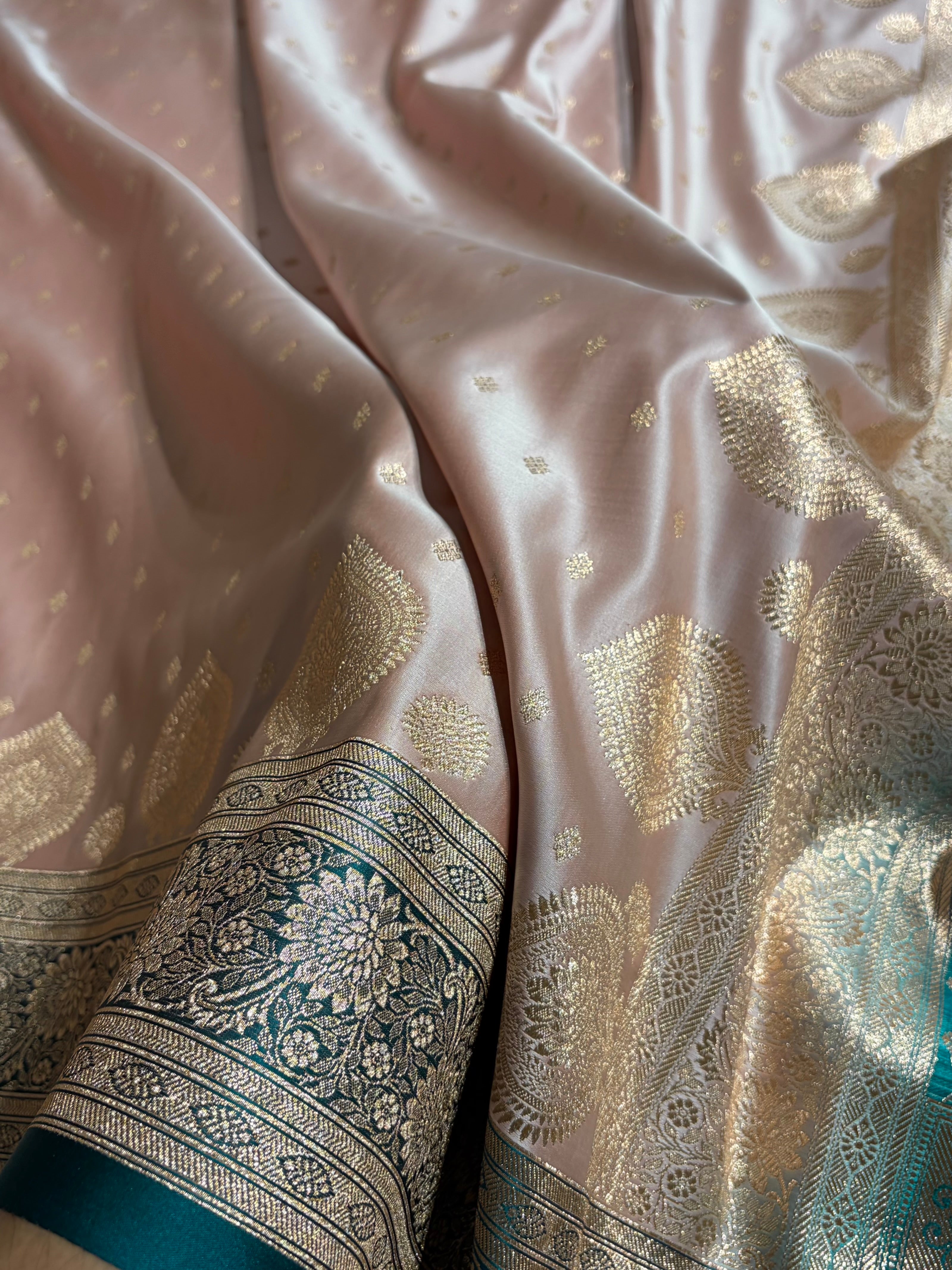 Banarasi Rose Gold with Rama Booti Satin Katan Silk saree SK29