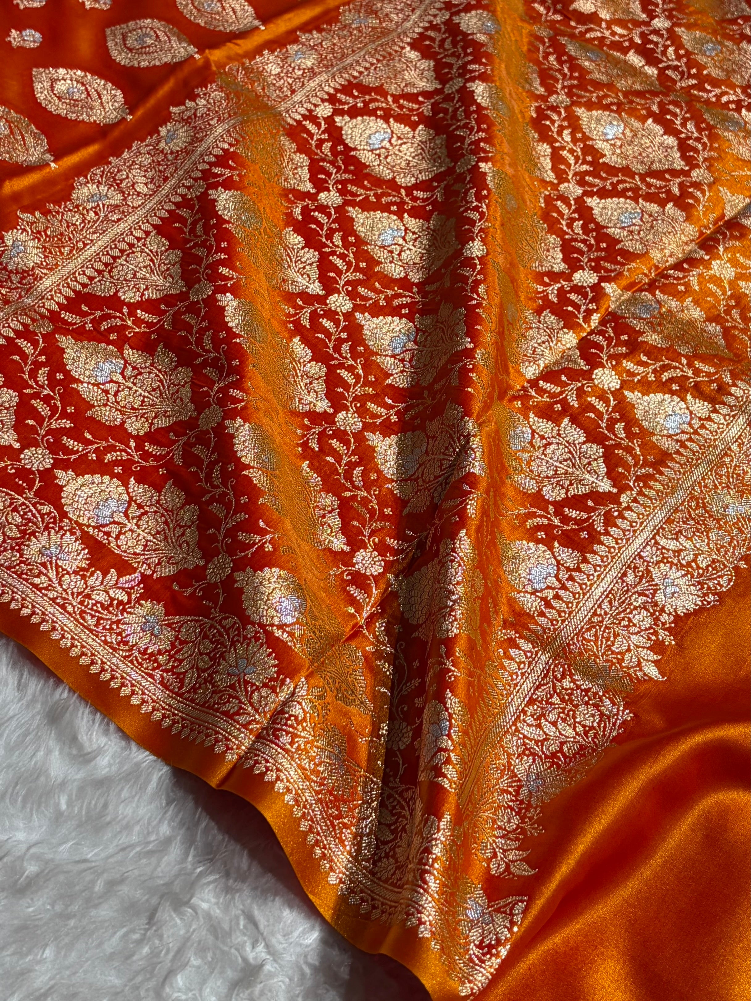 Banarasi Satin Silk Meena Boota in Fire Gold Shades SS38