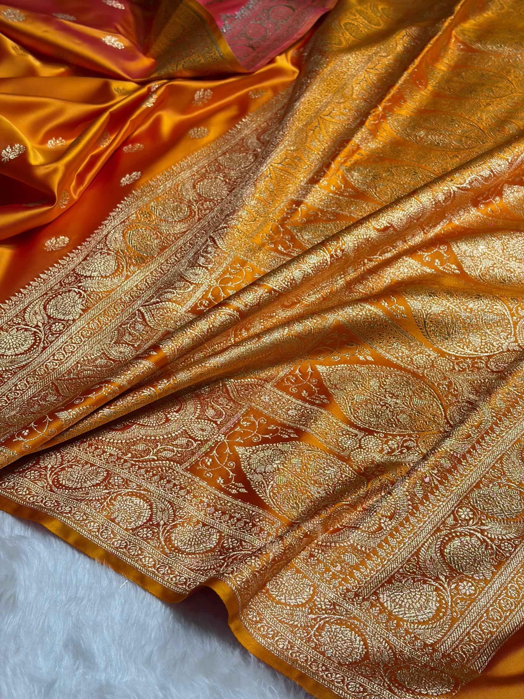 Fire Gold Floral Boota Pattern Satin Katan Silk Saree SK71