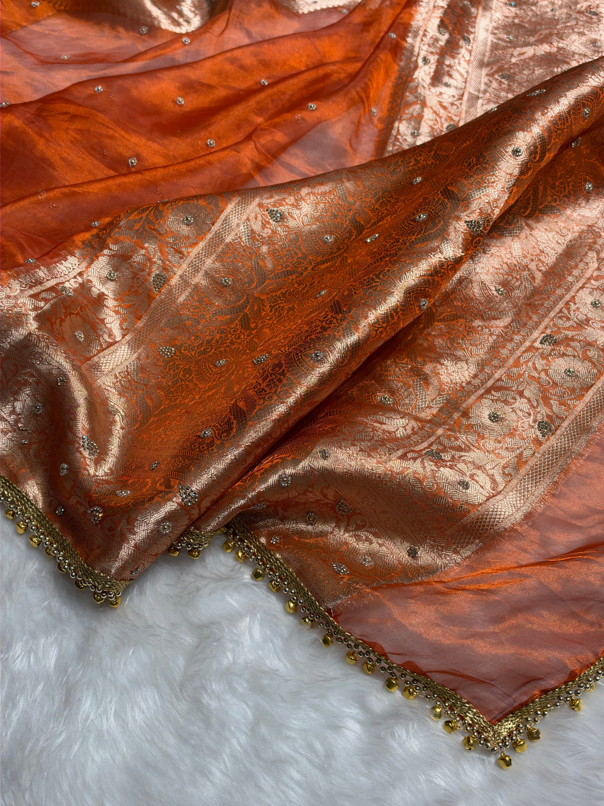 Orange Shades Pure Tissue Silk With Banarasi Swarovski Work Saree X Ghongroo BPGPT-18