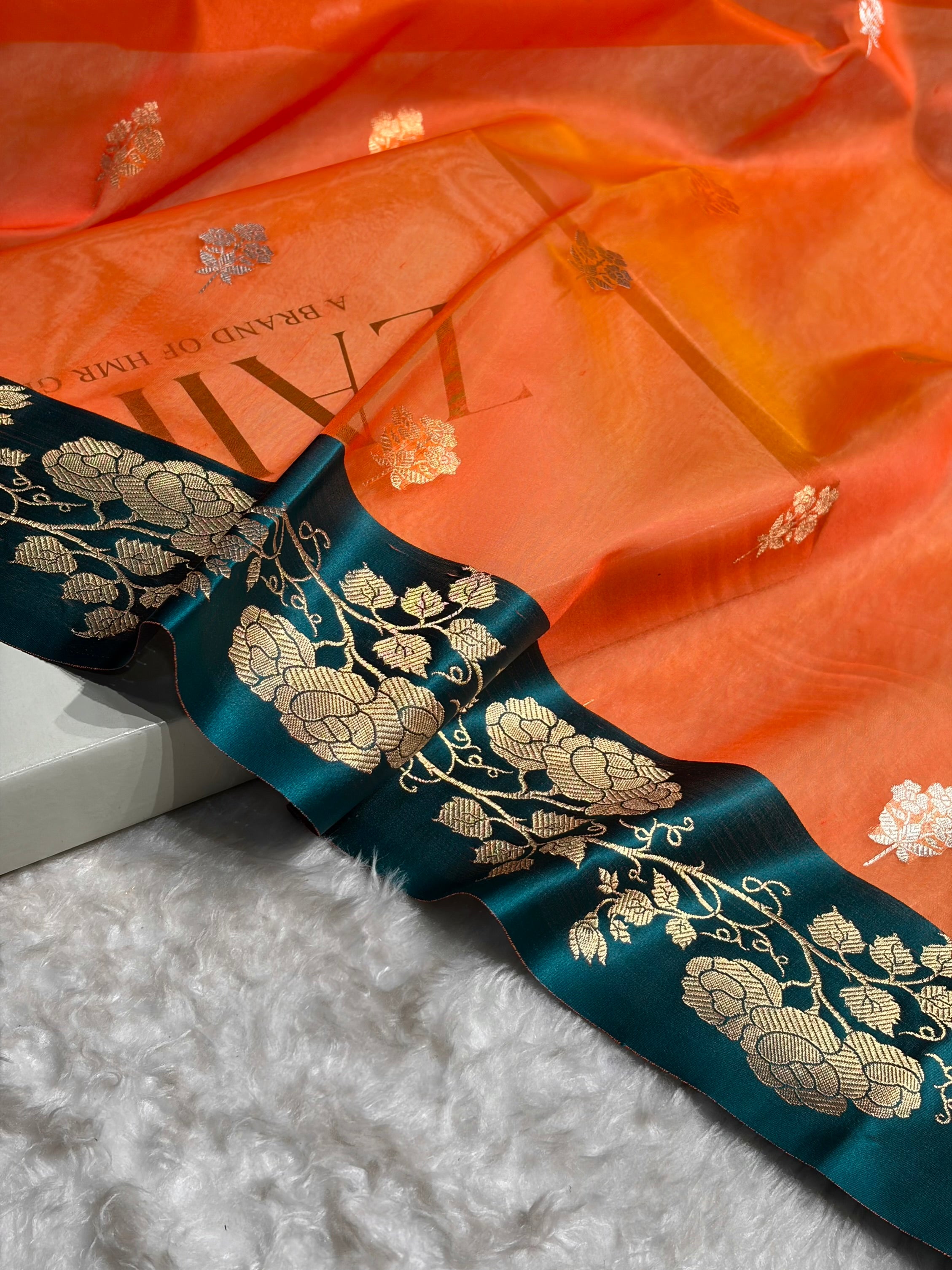 Contrast Pure Banarasi Organza Orange With Rama Floral Banarasi Silk Saree PO-13
