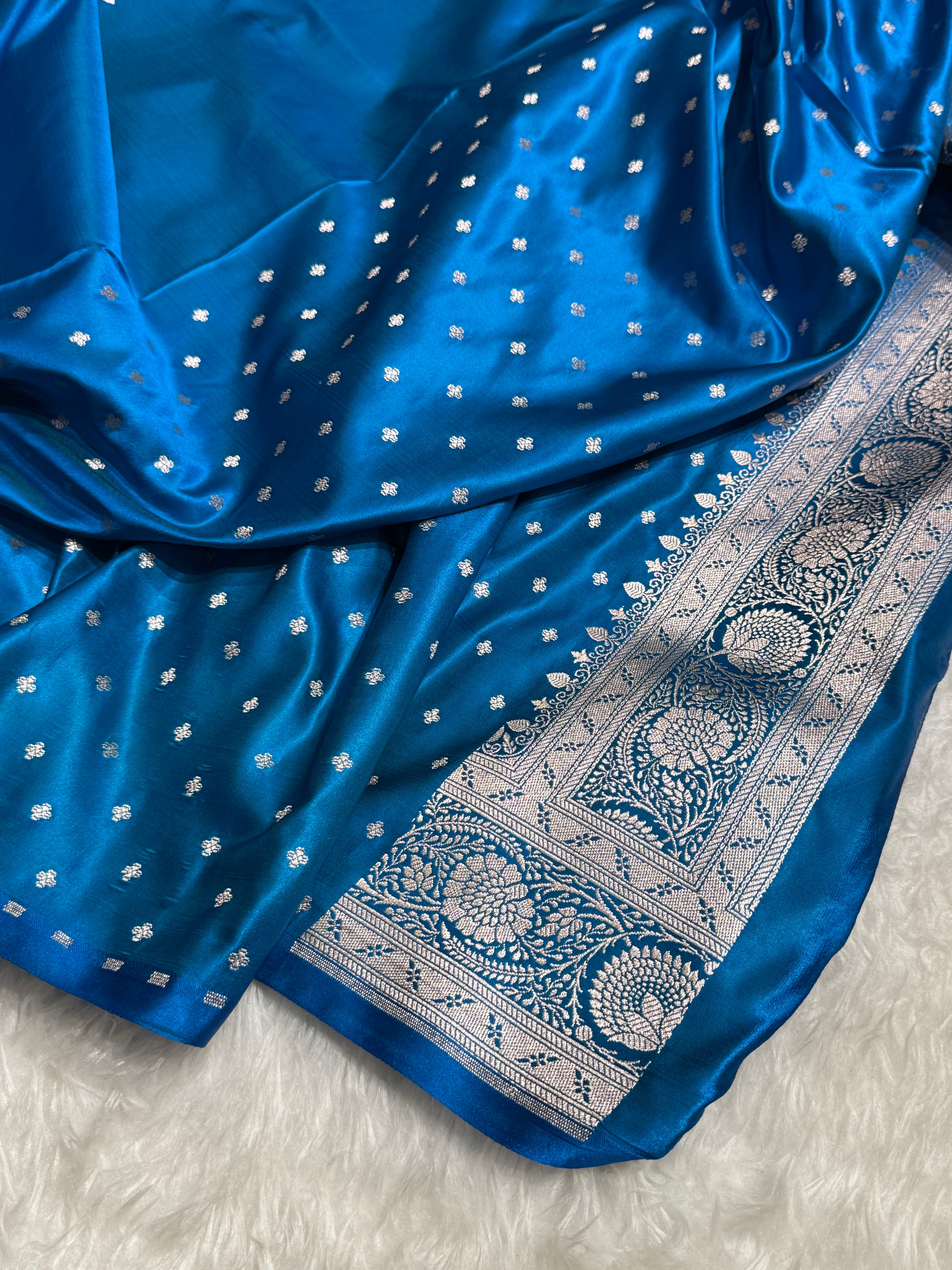 Premium Cross Firozy Blue Banarasi Booti Katan Silk Saree
