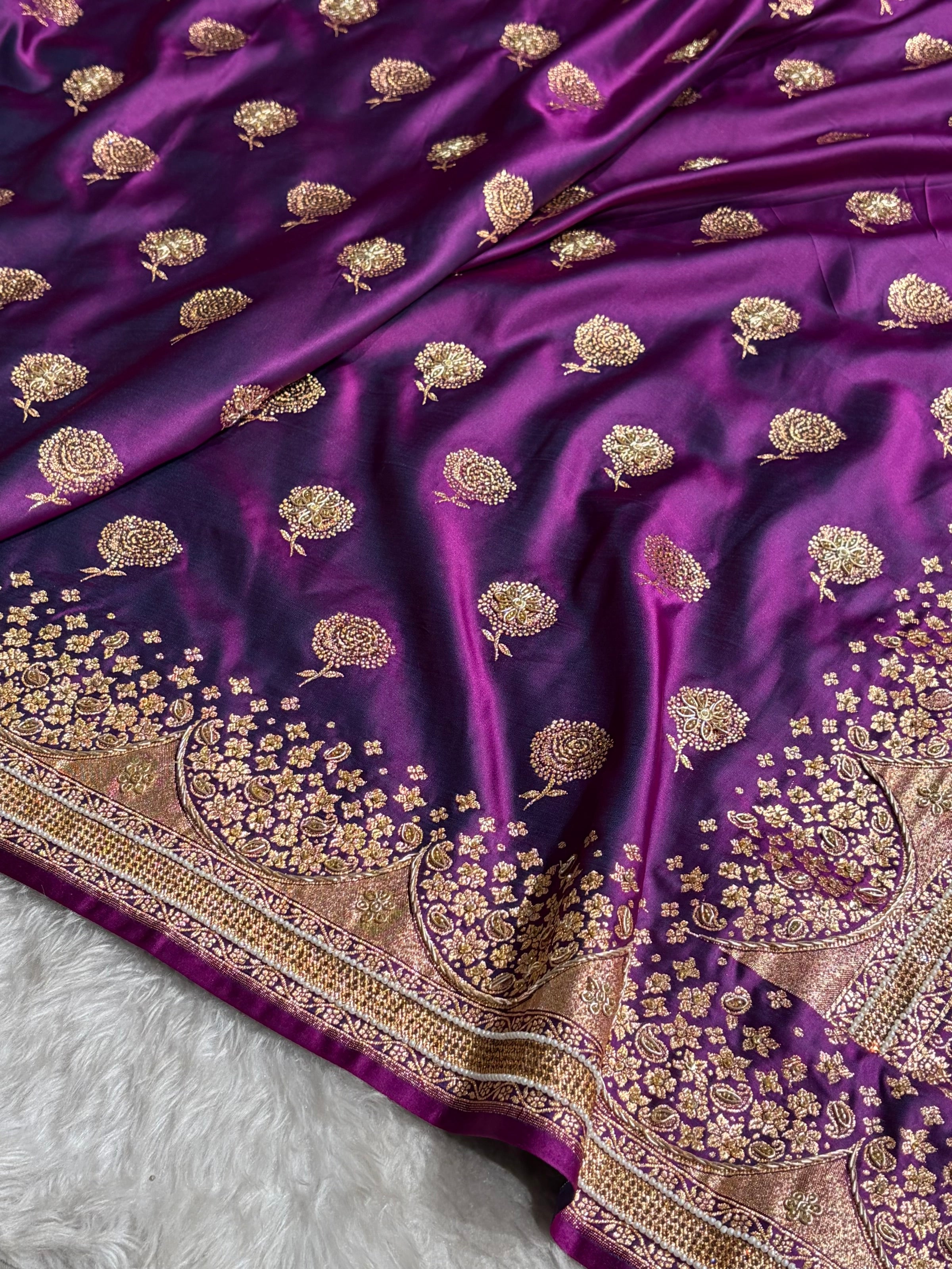 Banarasi Satin Katan Saree With Ari & Zardozi Work Boota in Wine Shades BSK111