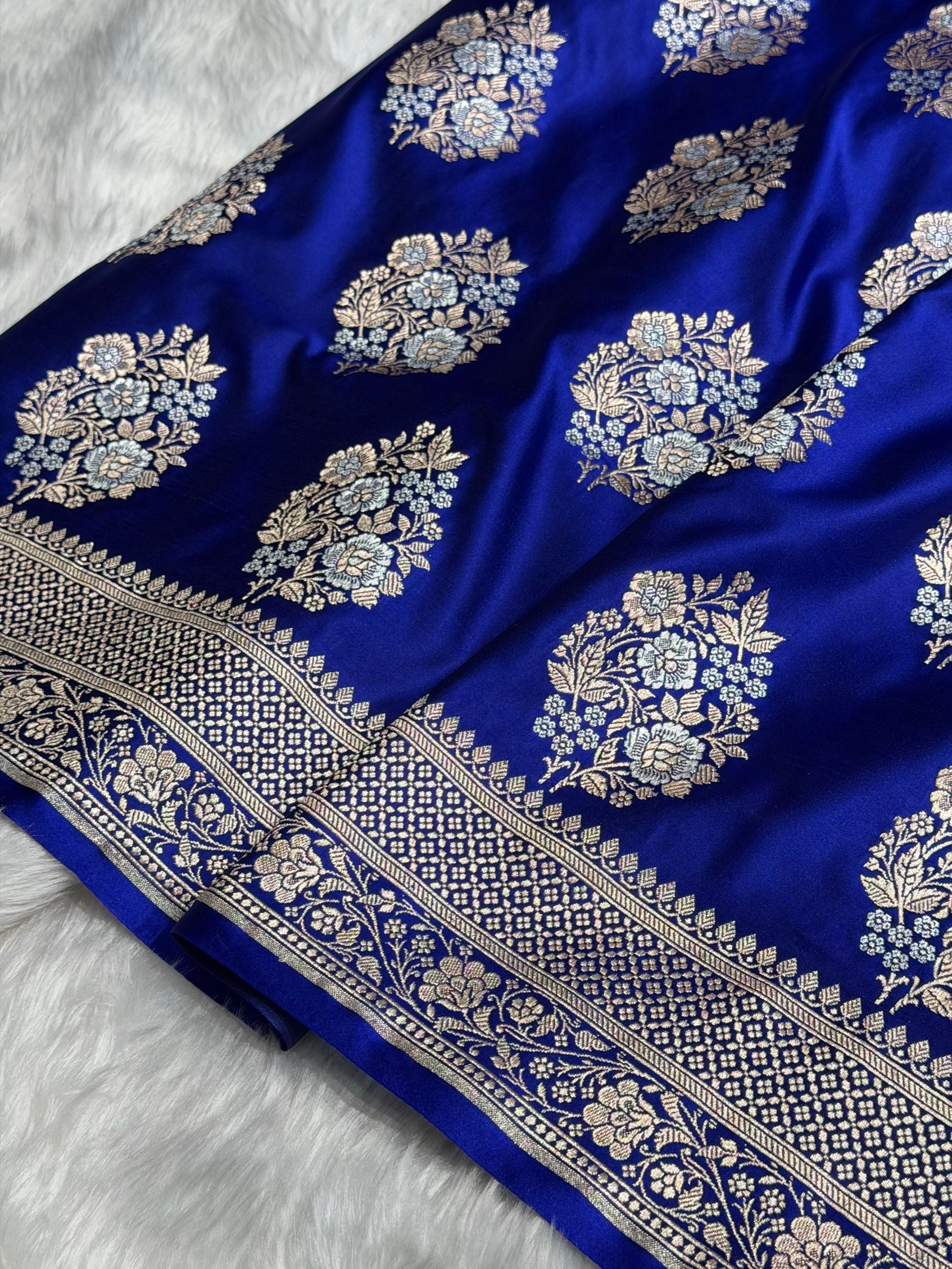 Premium Banarasi Satin Katan Saree With Minakari Boota in Royal Blue Shades SK93