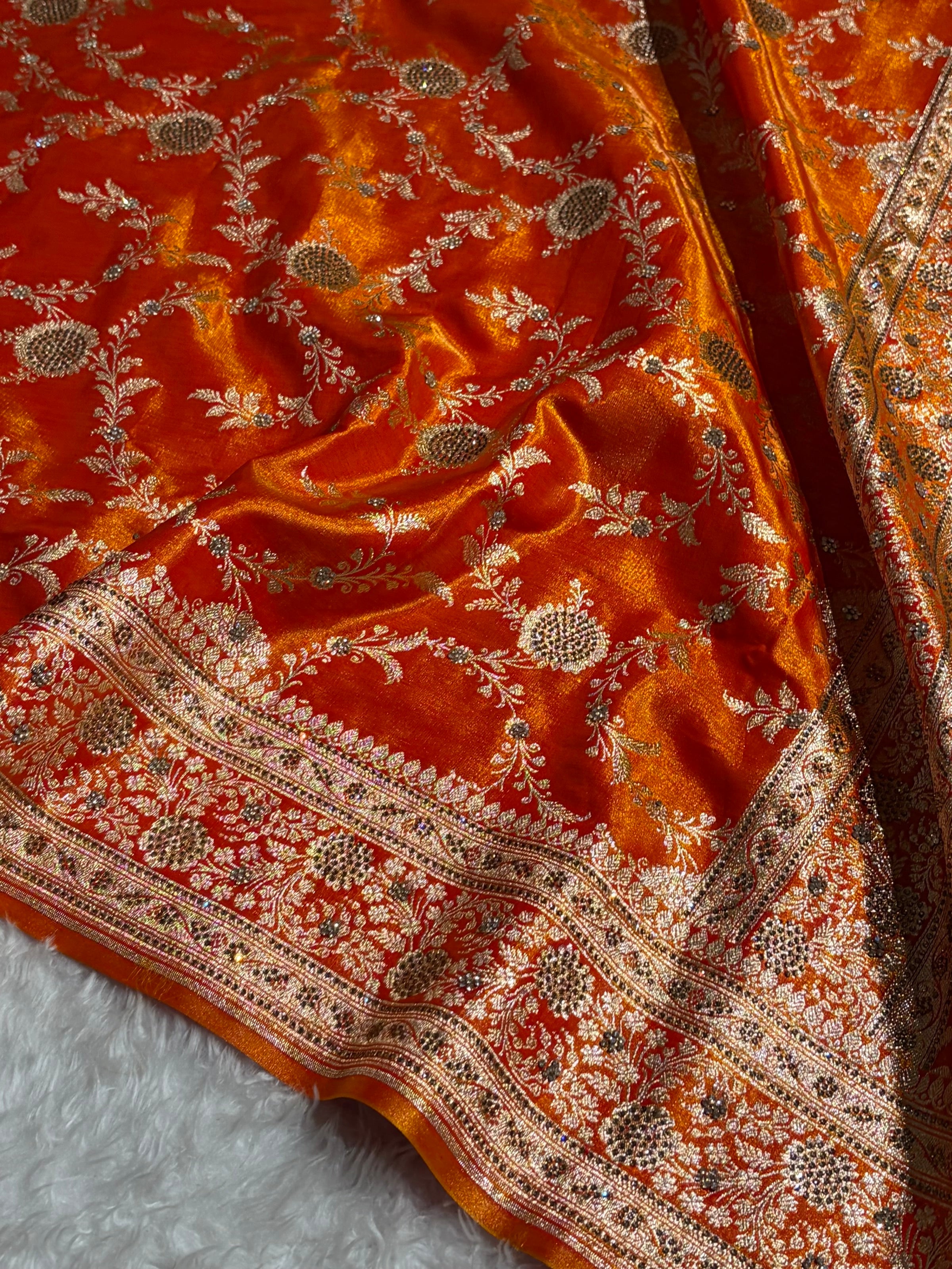 Light Weight Fire Gold Satin Silk Saree with Swarovski work BSS14