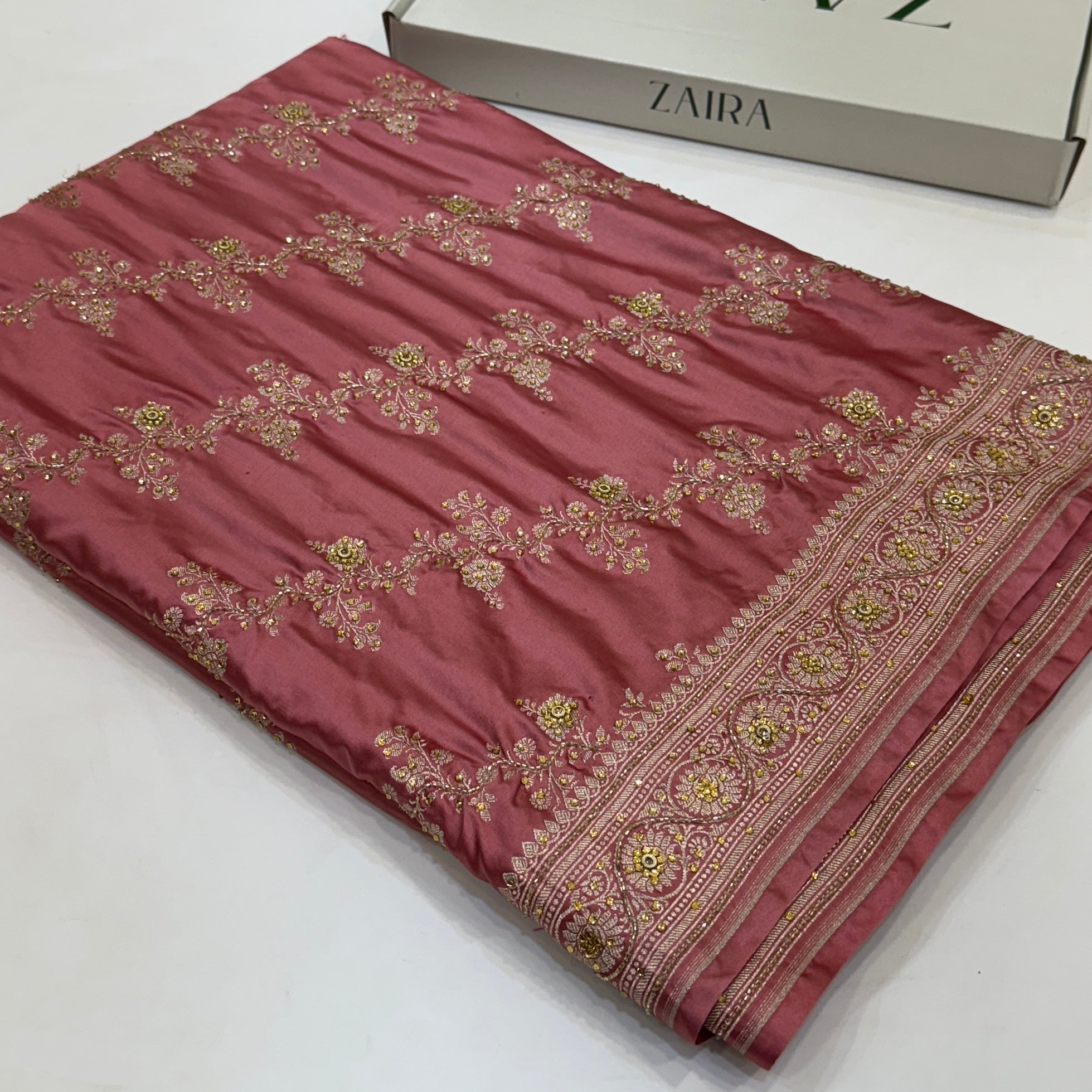 Dusty Peach Mashru Silk with Ari and Stone Work Banarasi Saree