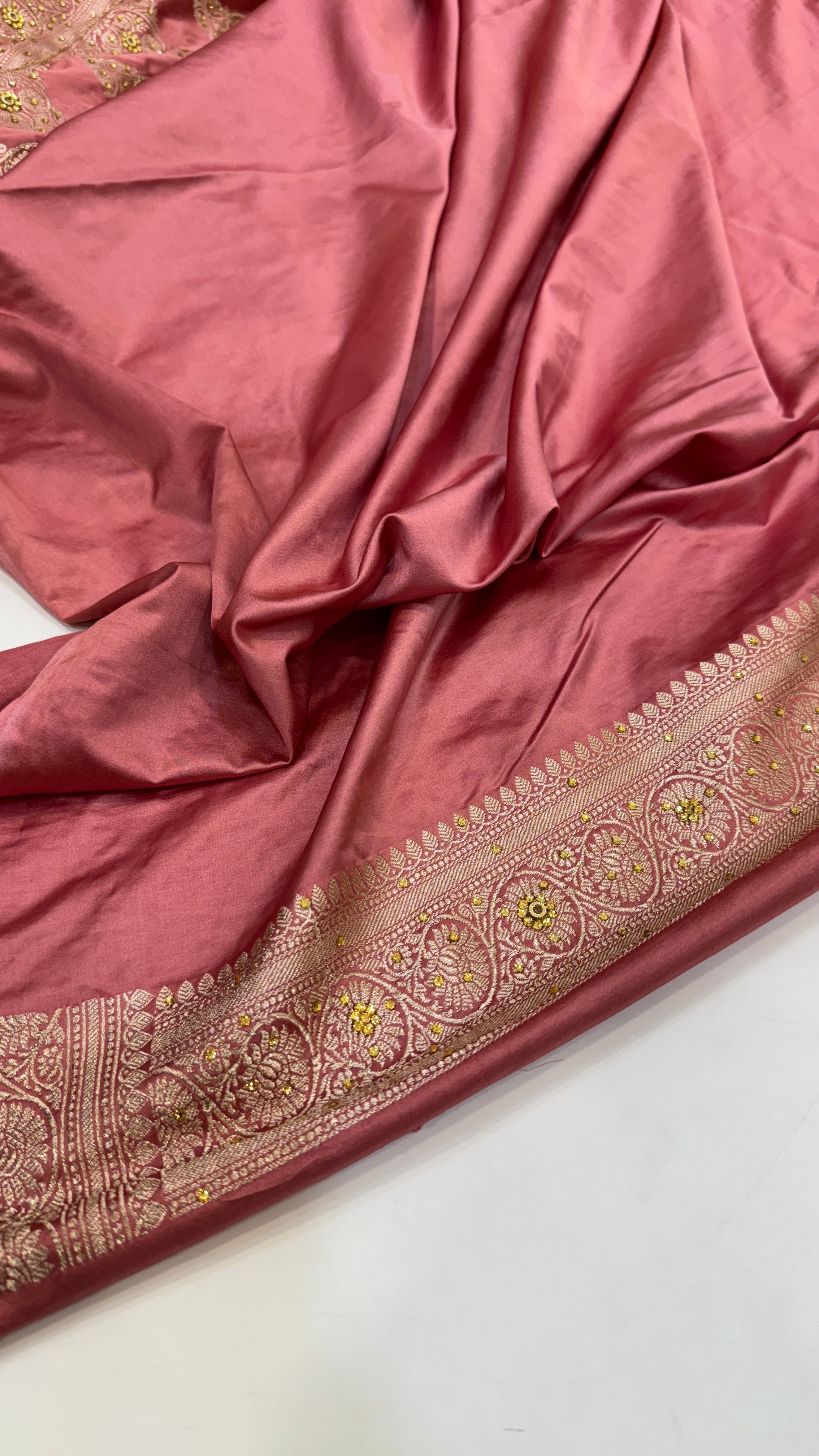 Dusty Peach Mashru Silk with Ari and Stone Work Banarasi Saree 1