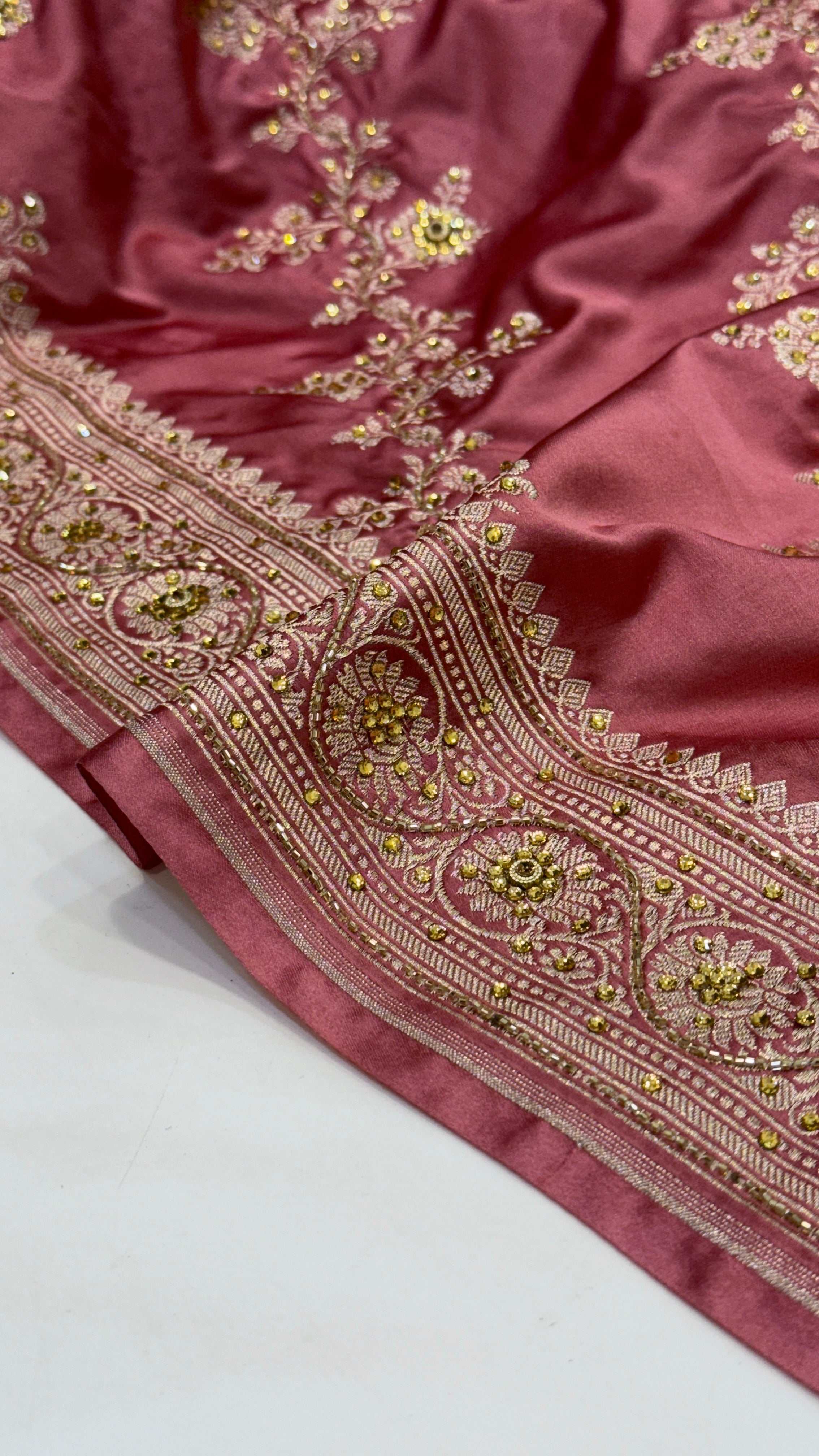 Dusty Peach Mashru Silk with Ari and Stone Work Banarasi Saree 2