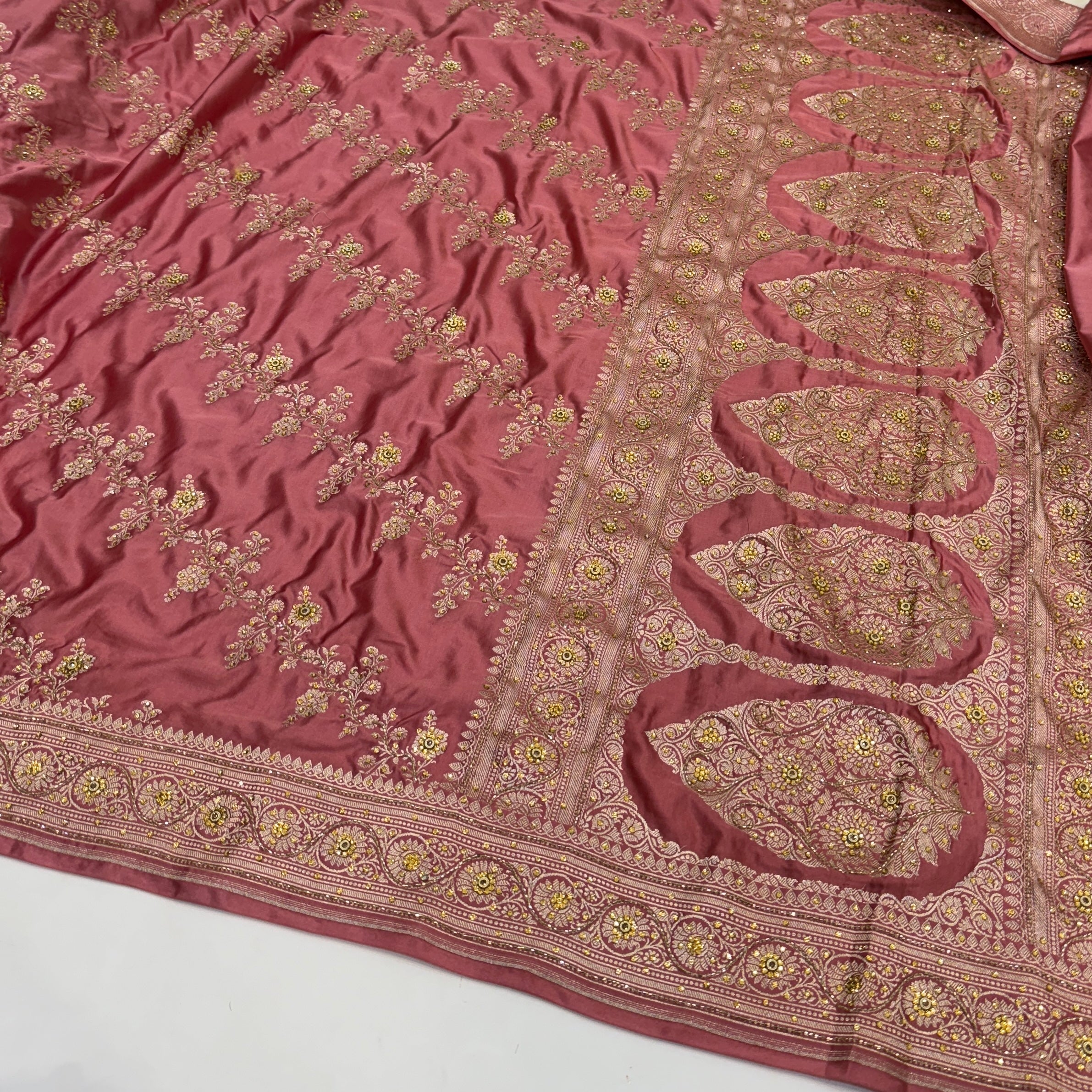 Dusty Peach Mashru Silk with Ari and Stone Work Banarasi Saree 3