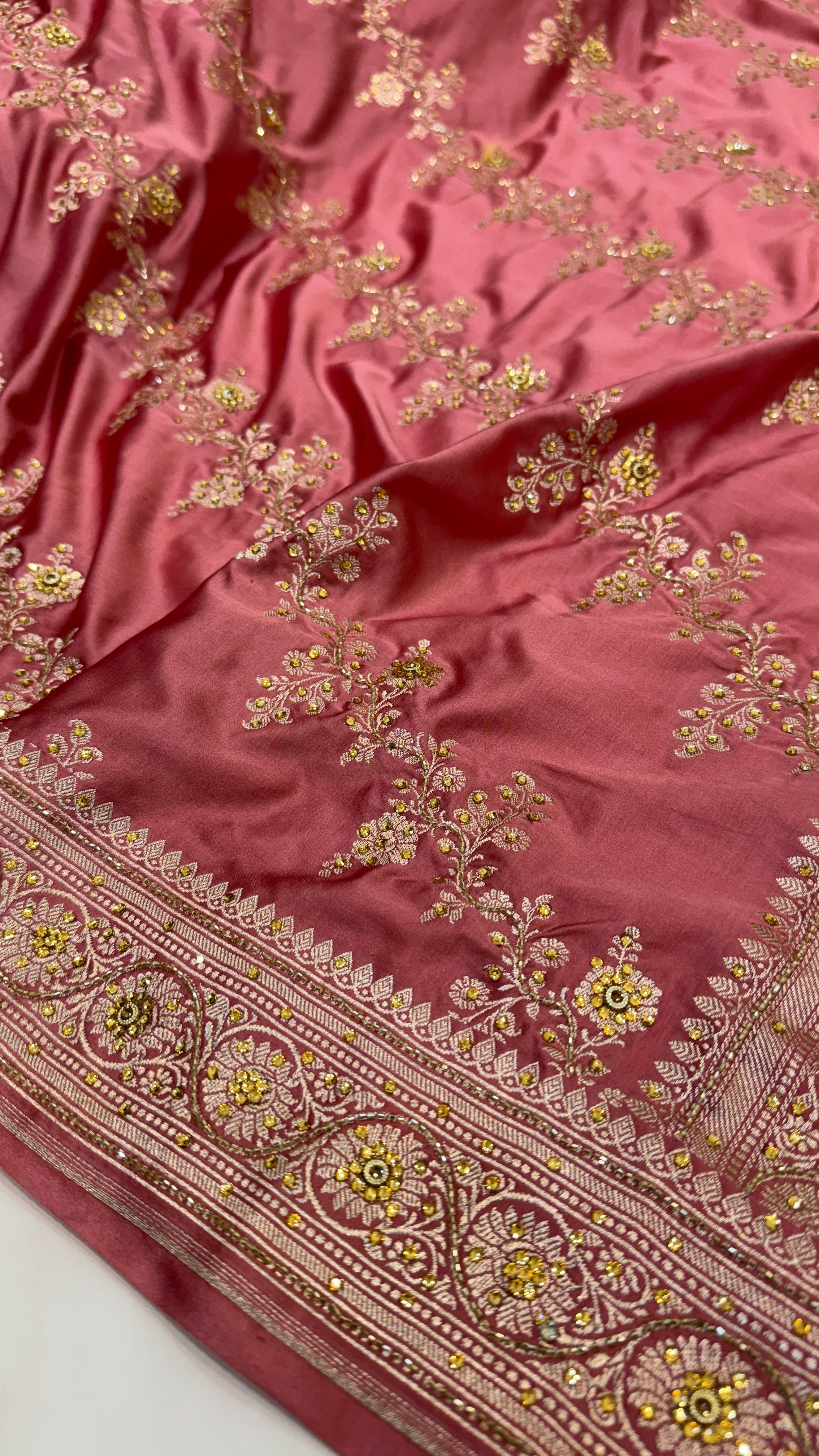 Dusty Peach Mashru Silk with Ari and Stone Work Banarasi Saree 4