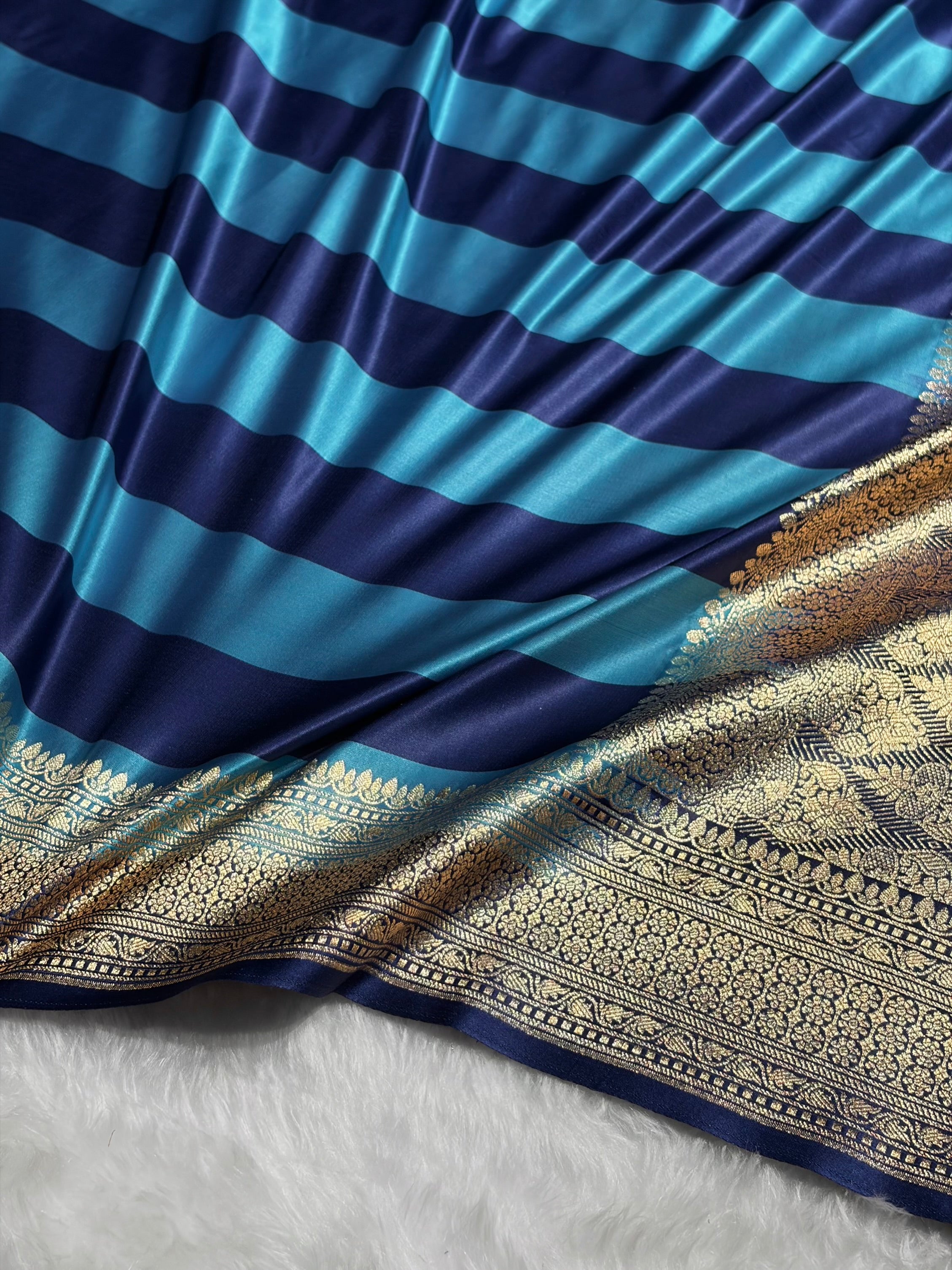 Sly Blue With German Blue Horizontal Strips Floral Border & Brocket Blouse Mashru Silk Saree MSM-84