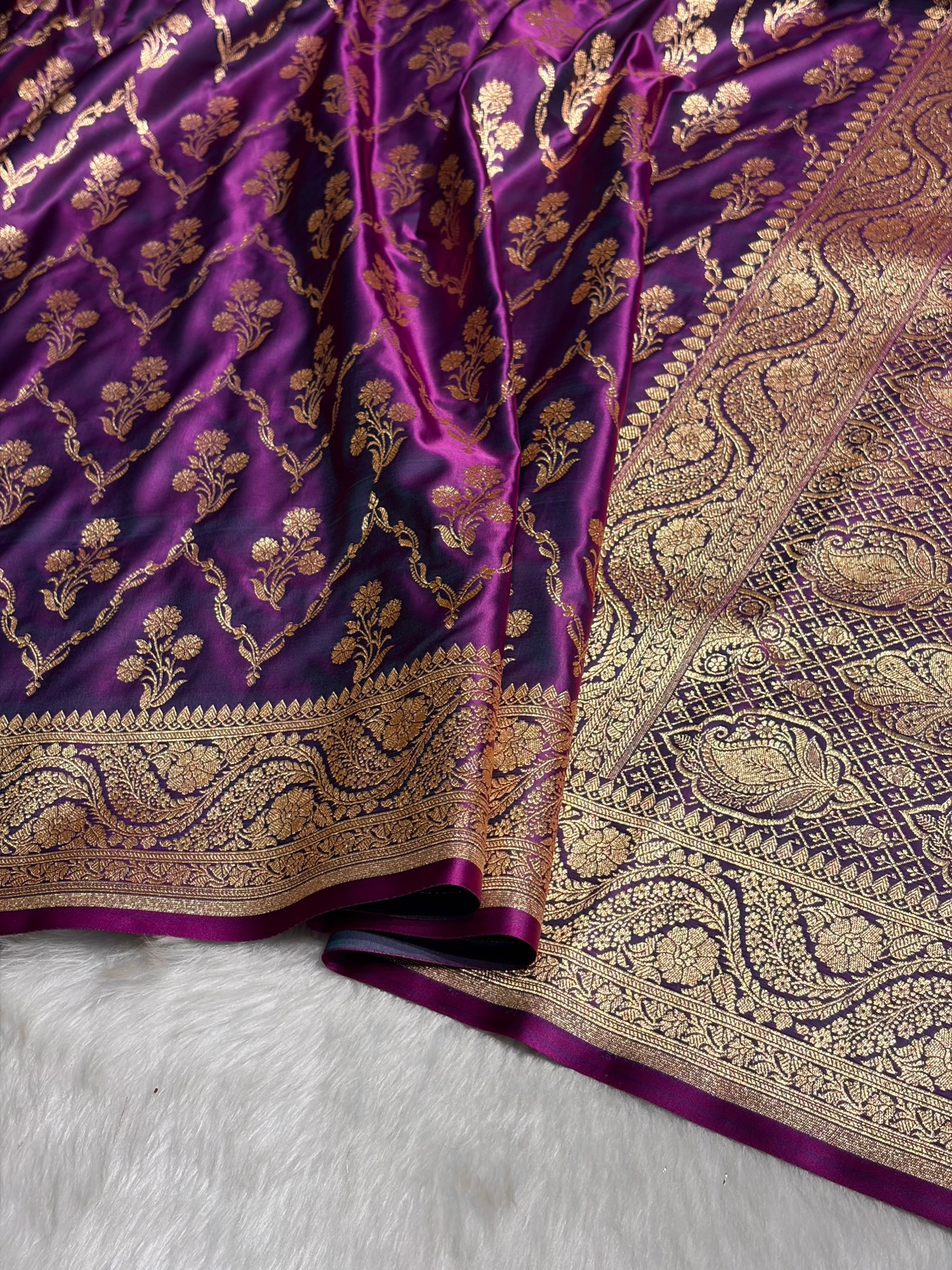 Wine Cross with Boota Pattern Satin Katan Silk Saree SK67