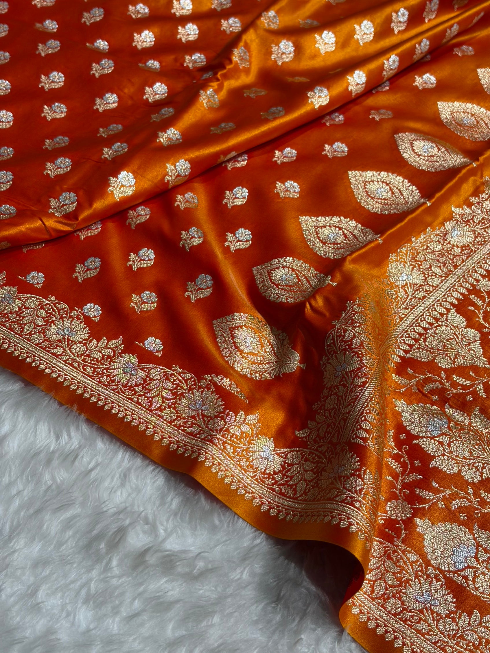 Banarasi Satin Silk Meena Boota in Fire Gold Shades SS38