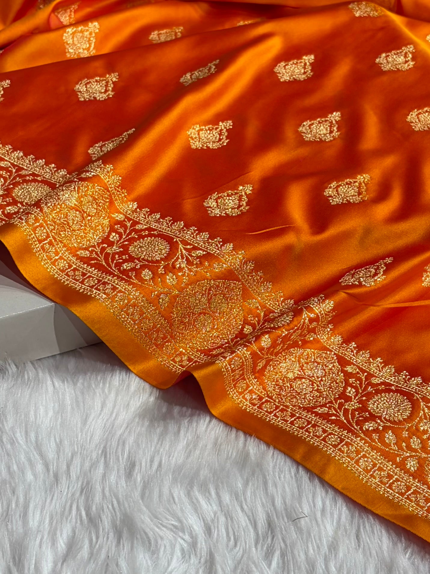 Banarasi Satin Katan Saree With Boota in Fire Gold Shades SK98