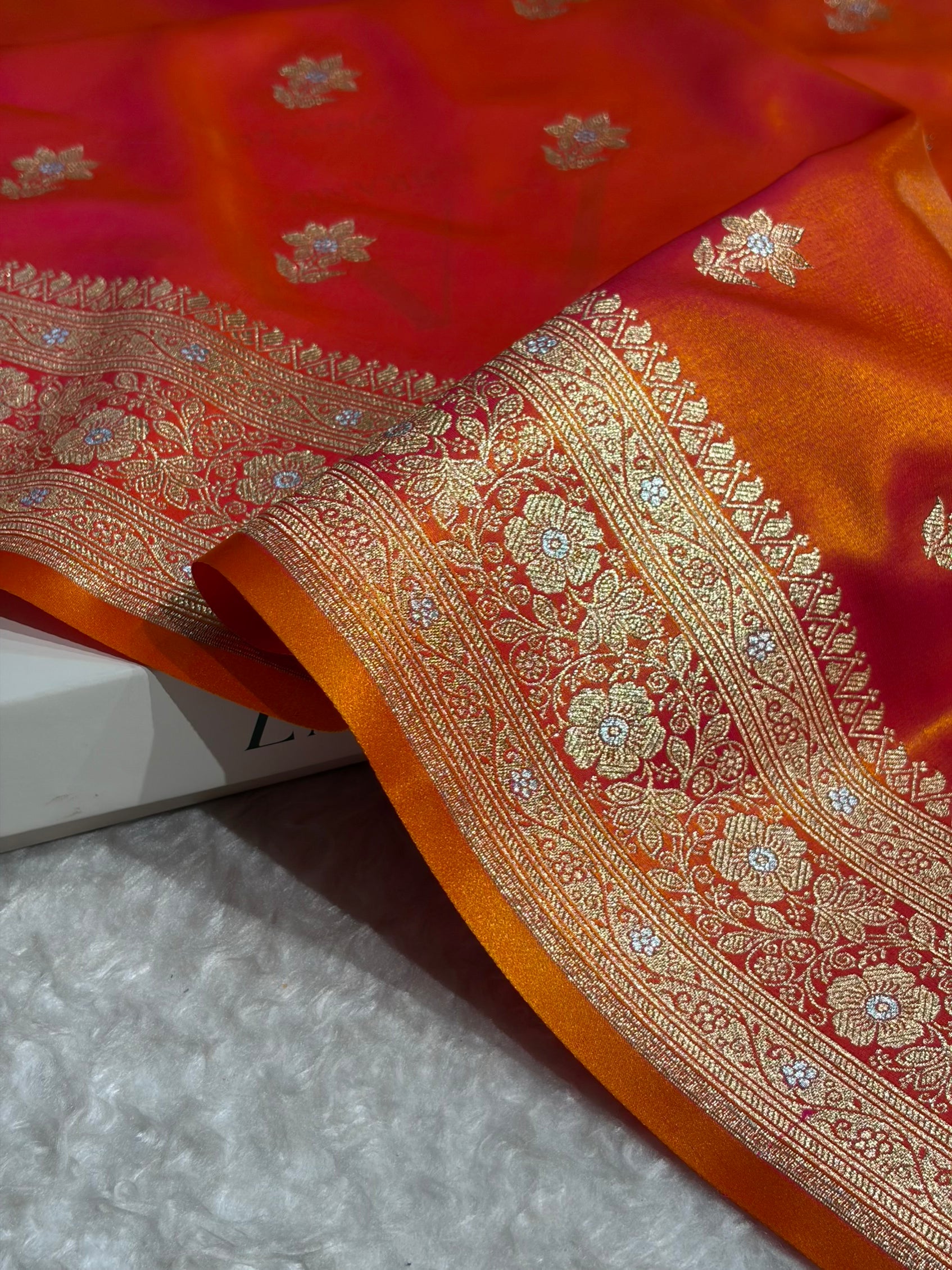 Pinkish Orange Shades Minakari Boota Pattern Banarasi Satin Silk Saree SS44
