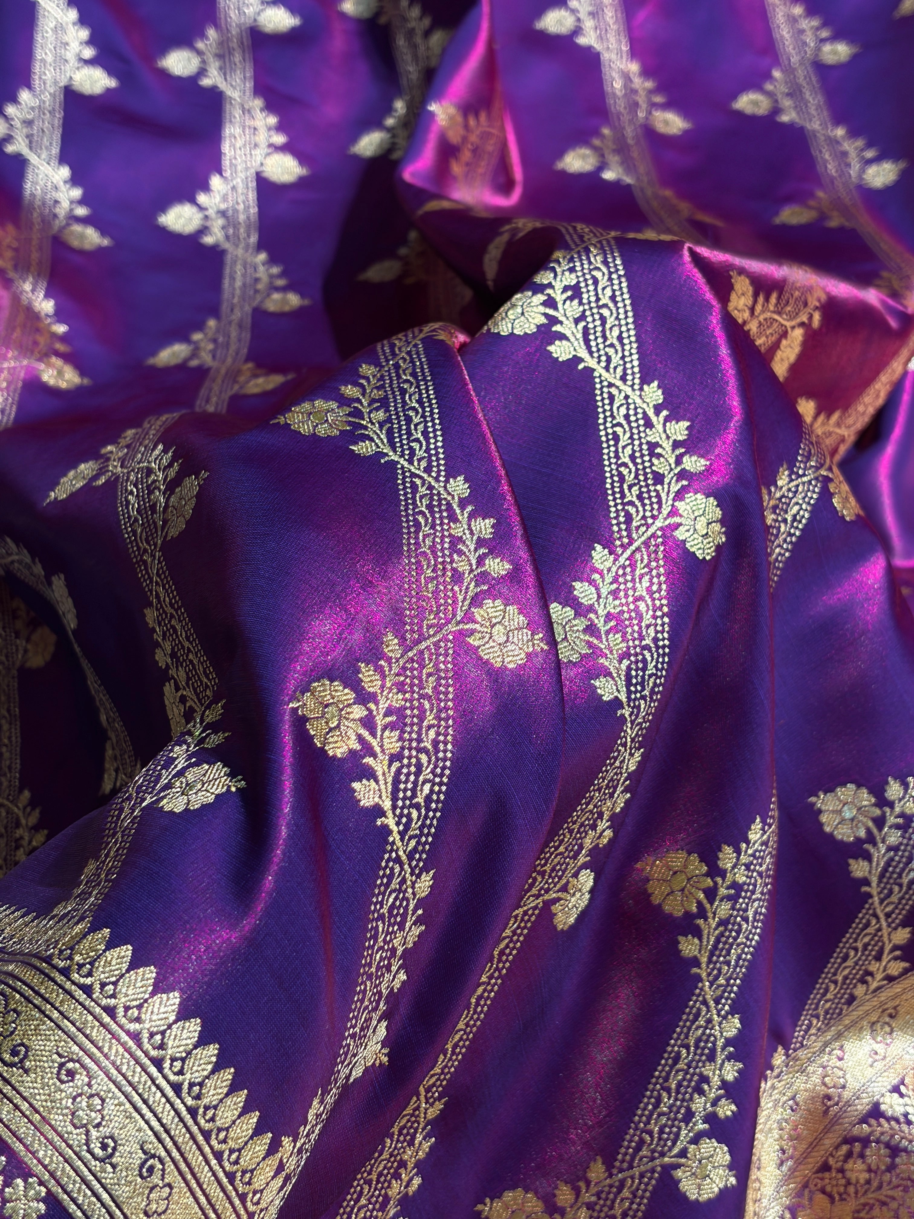 Cross Purple Shades Cross Pattern Banarasi Satin Silk Saree SS50