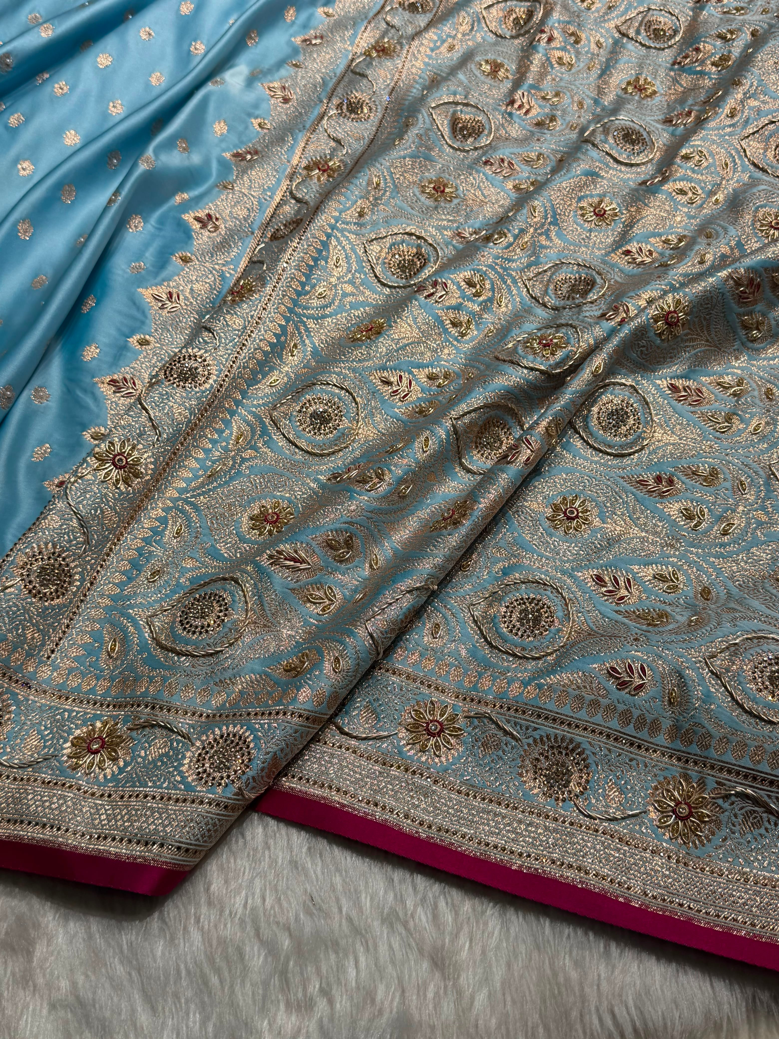 Banarasi Sky Blue Shades With Ari Zardozi Work Booti Katan Silk Saree BSK07