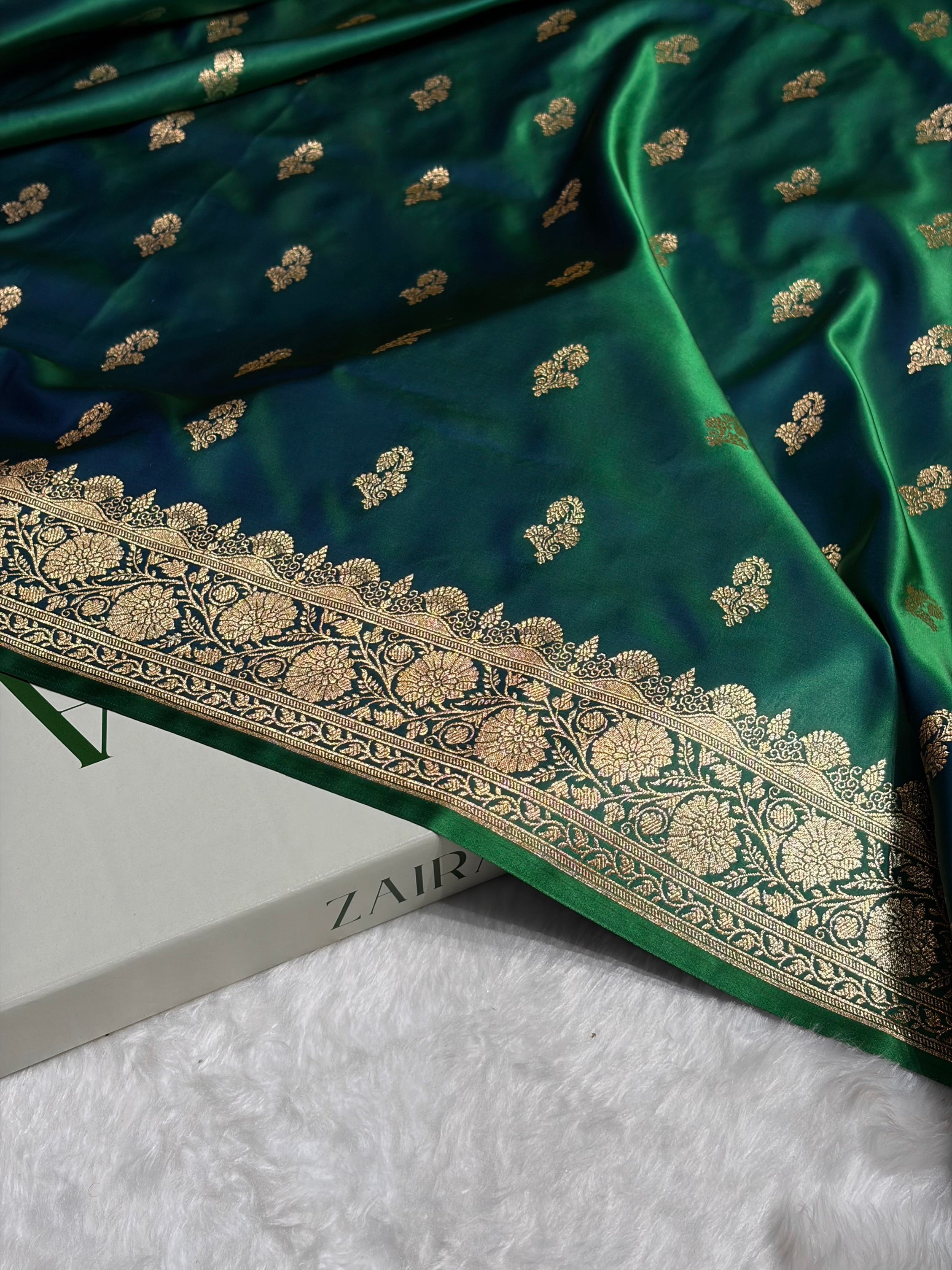 Cross Green Shades Floral Booti Motif Satin Katan Silk saree SK61