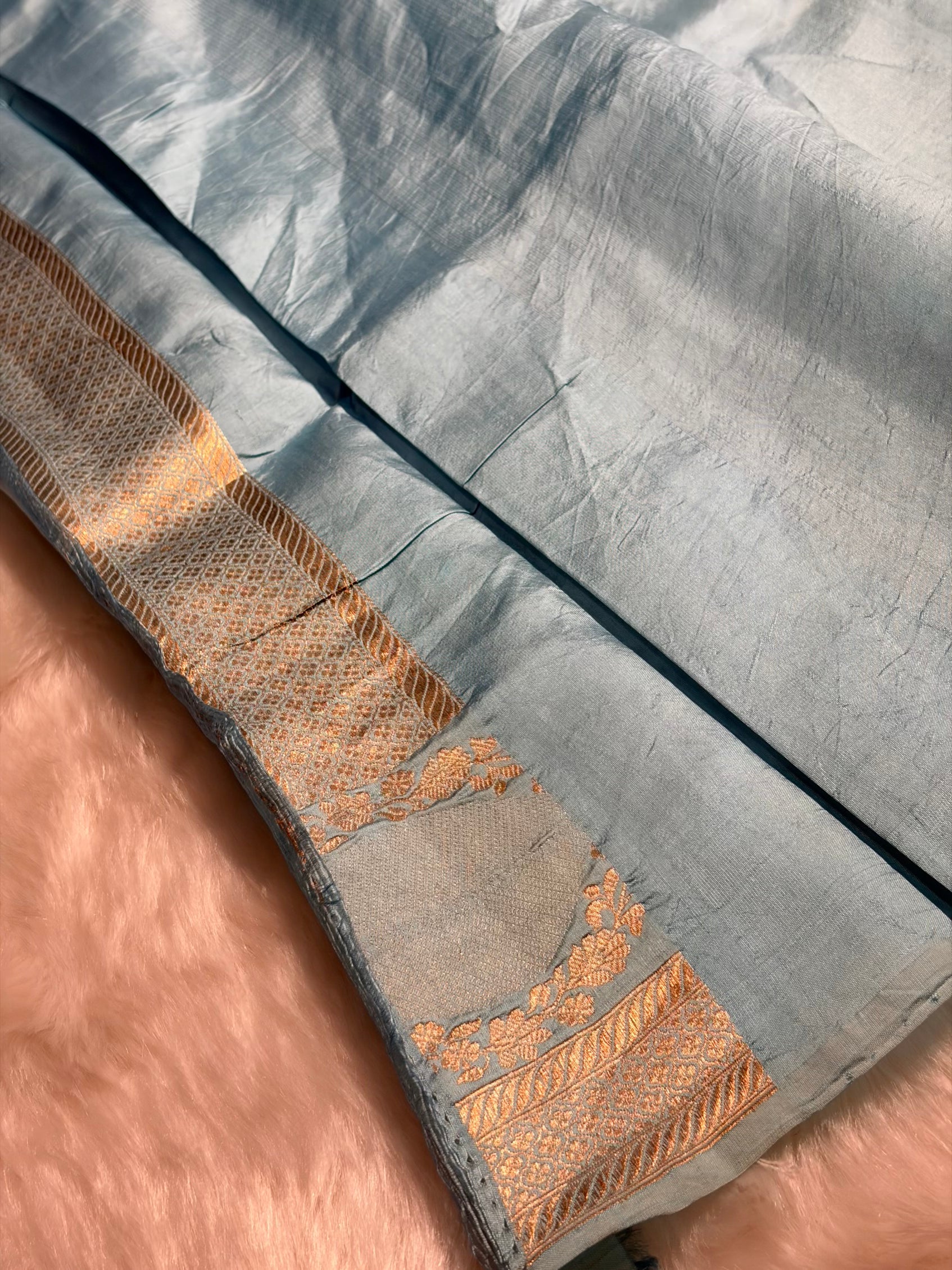 Ombré Powder Blue With Turquoise Shades Meena Boota Handwoven Raw Mango Silk RM-34