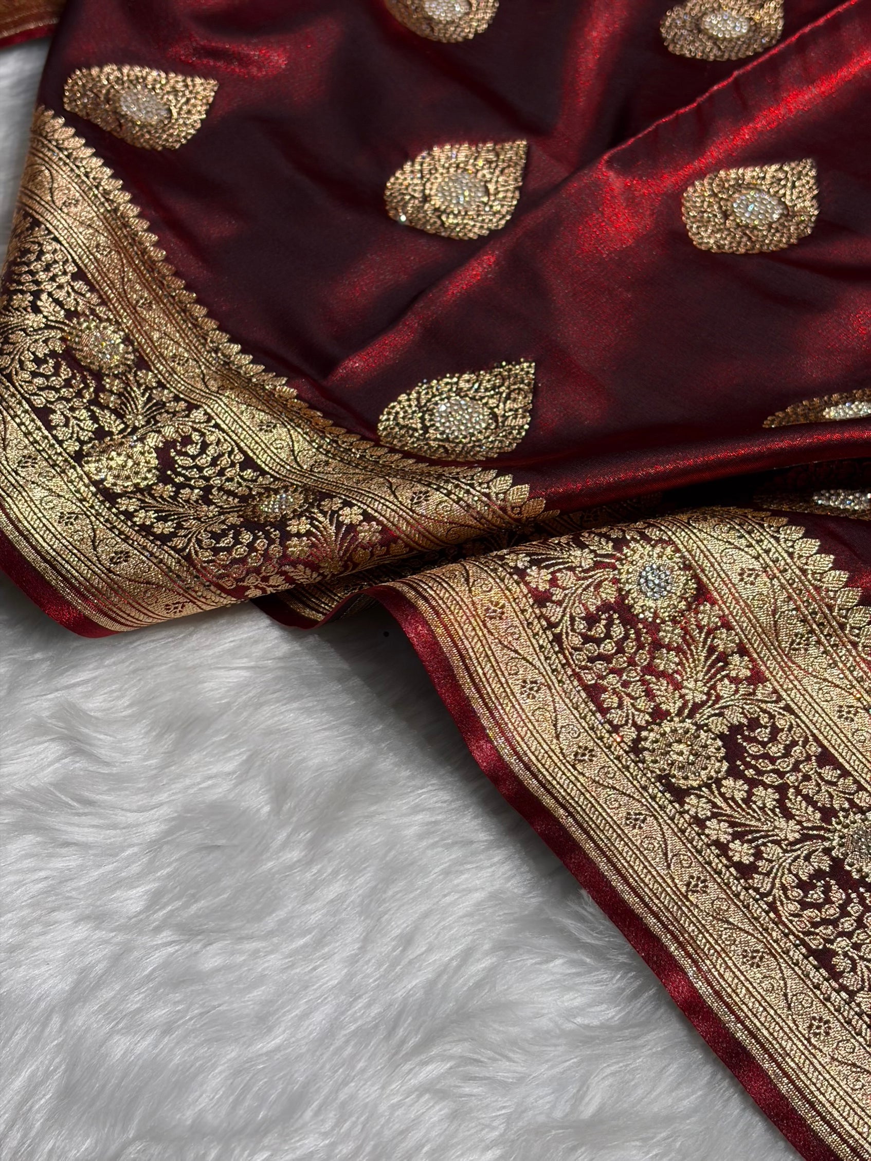 Maroon Shades Banarsi Satin Silk Boota with Stone Work BSS05