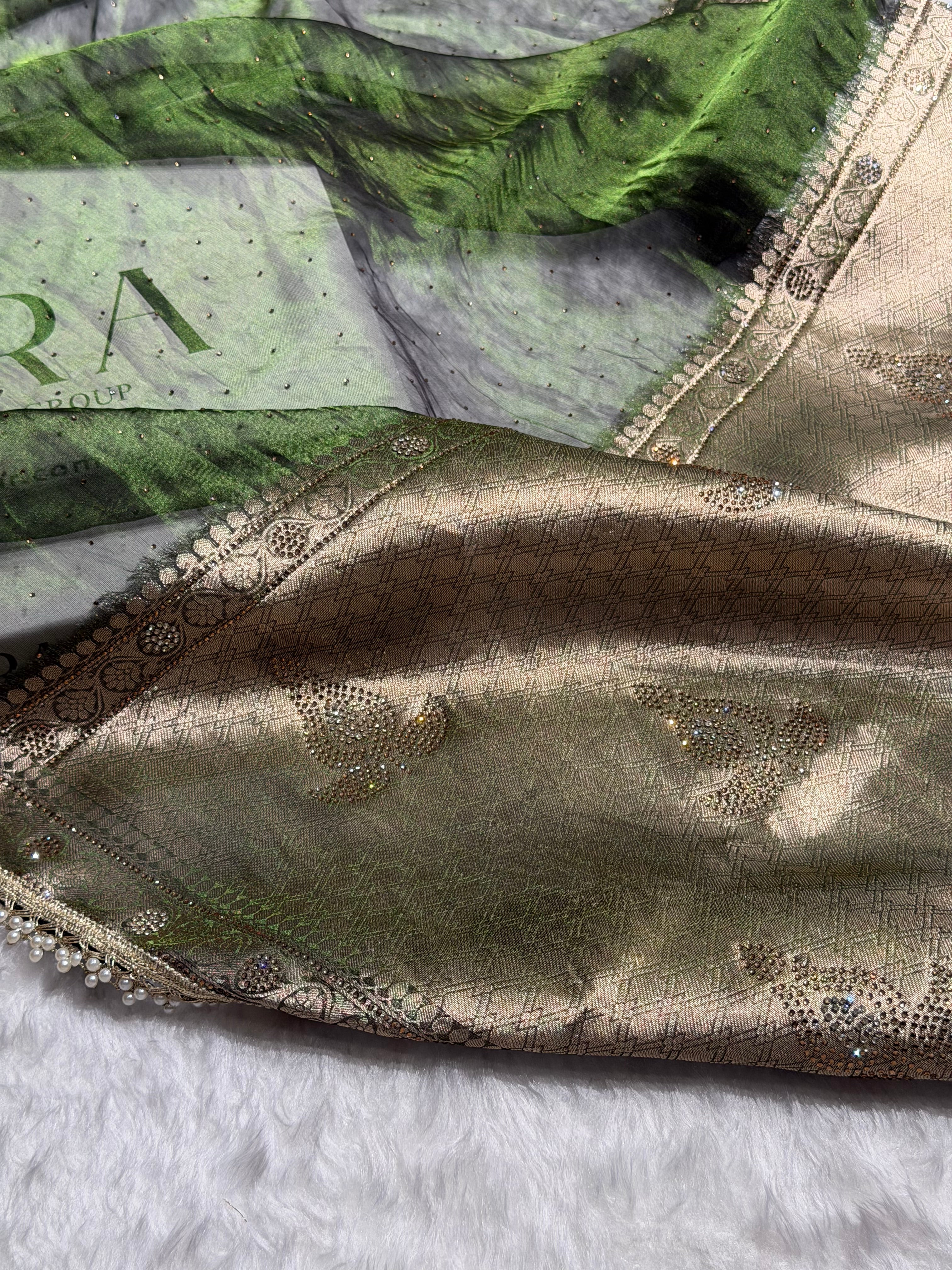 Mehandi Shades Pure Tissue Silk With Banarasi Swarovski Work Saree with Brocade Blouse BPGPT-09
